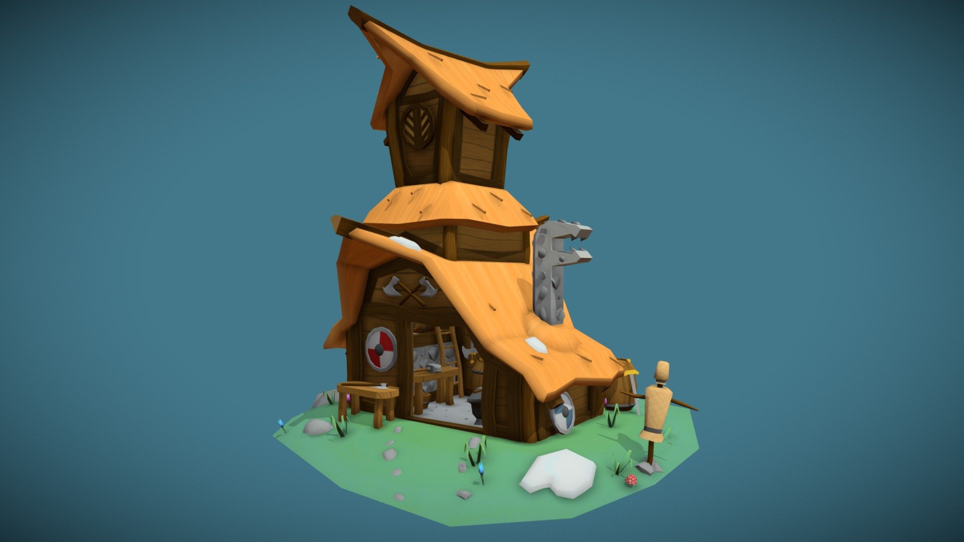 This is my exam for Game Art 1 at DAE Howest. We had to make a stylized building with a clear function and set civilisation. I chose for a viking weaponsmith.
This was modeled using 3DS Max and textured with Photoshop 3d model