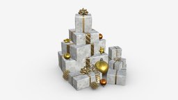 Christmas gifts with decorations 01 bow, cone, pack, new, sphere, christmas, gift, star, box, traditional, package, fir, ribbon, 3d, pbr, decoration, gold