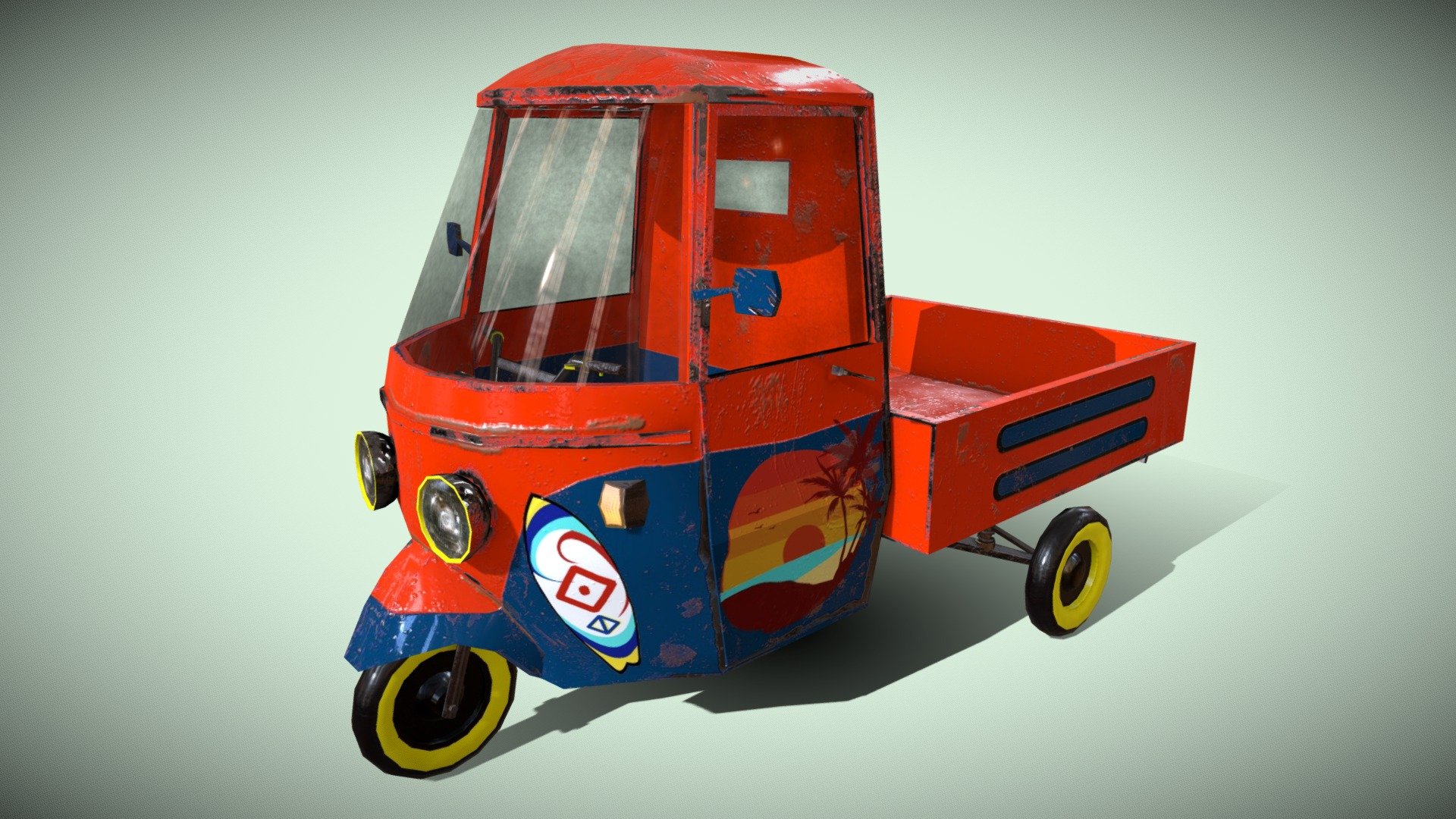 3-wheel motorcycle with open box. Hand-painted motorbike with surf-style drawings. The wheels plus the two doors and the steering wheel are separate, they are related to the bodywork, to be able to animate or use as a physical vehicle. Texture in size 2048.The texture of the glass size 512, is separate. In additional download there are more models in DAE FBX OBJ format 3d model