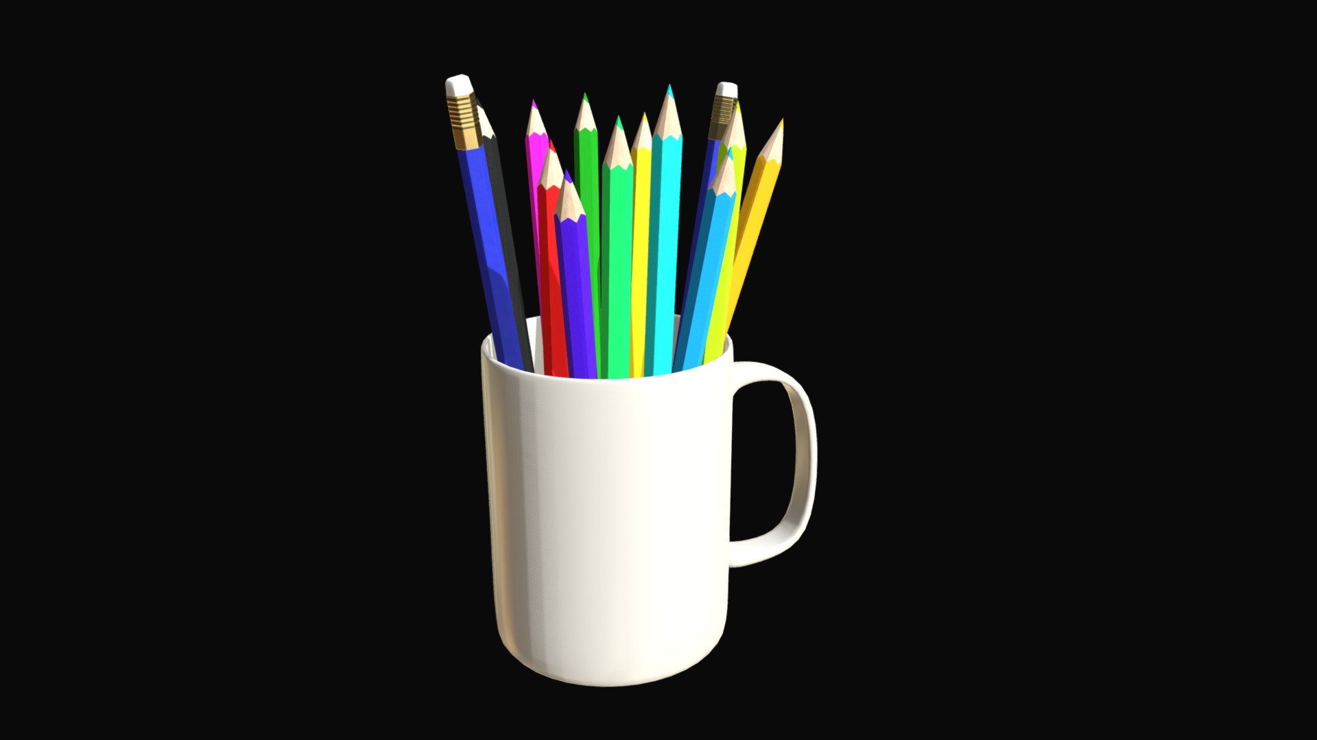 === The following description refers to the additional ZIP package provided with this model ===

Pencils mug 3D Model, nr. 1 in my collection. 14 individual objects sharing the same non overlapping UV Layout map, Material and PBR Textures set. Production-ready 3D Model, with PBR materials, textures, non overlapping UV Layout map provided in the package.

Quads only geometries (no tris/ngons).

Formats included: FBX, OBJ; scenes: BLEND (with Cycles / Eevee PBR Materials and Textures); other: png with Alpha.

14 Objects (meshes), 1 PBR Material, UV unwrapped (non overlapping UV Layout map provided in the package); UV-mapped Textures.

UV Layout maps and Image Textures resolutions: 2048x2048; PBR Textures made with Substance Painter.

Polygonal, QUADS ONLY (no tris/ngons); 26443 vertices, 26417 quad faces (52834 tris).

Real world dimensions; scene scale units: cm in Blender 3.1 (that is: Metric with 0.01 scale).

Uniform scale object (scale applied in Blender 3.1) 3d model
