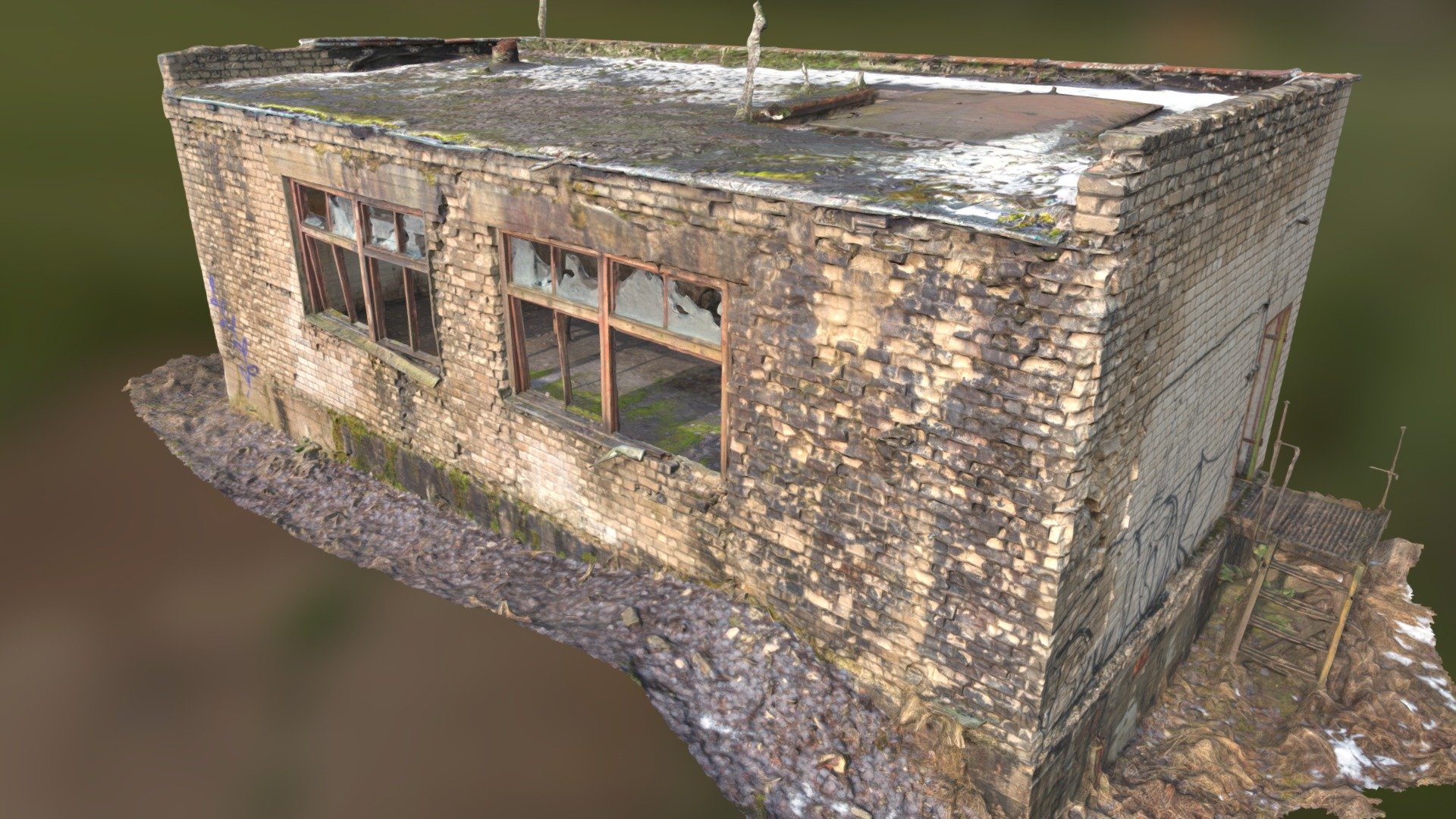 3D scan of an old, mossy soviet building with interior.
Old, abandoned pumps and pipes inside. 
With normal map 3d model