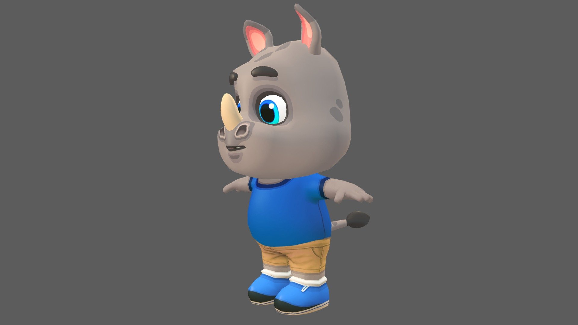 Rhino character for games and animations. The model is game ready and compatible with game engines.

Included Files:




Maya (Source files, Rig) for Unity and Unreal (.ma, .mb) - 2015 - 2020

FBX for Unity - 2014 - 2020

FBX for Unreal - 2014 - 2020

OBJ

Unity Project - Preconfigured Humanoid Rig

Supports Humanoid Animation:




Preconfigured Humanoid Rig &amp; Animation Clips

Unity Humanoid compatible FBX

Mixamo

Low poly model with four texture resolutions 4096x4096, 2048x2048, 1024x1024 &amp; 512x512.

The package includes 20 Animations:




Walk

Run

Idle

Jump

Leap left

Leap right

Death

Skidding

Roll

Crash

Power up

Whirl

Whirl jump

Waving in air

Backwards run

Dizzy

Gum Bubble

Gliding

Waving

Looking behind

The model is fully rigged and can be easily animated or modified if required.

The model is game ready at:




3946 Polys

3938 Verts

UV mapped with non-overlapping UV's. The shadows and lights are baked in the texture 3d model