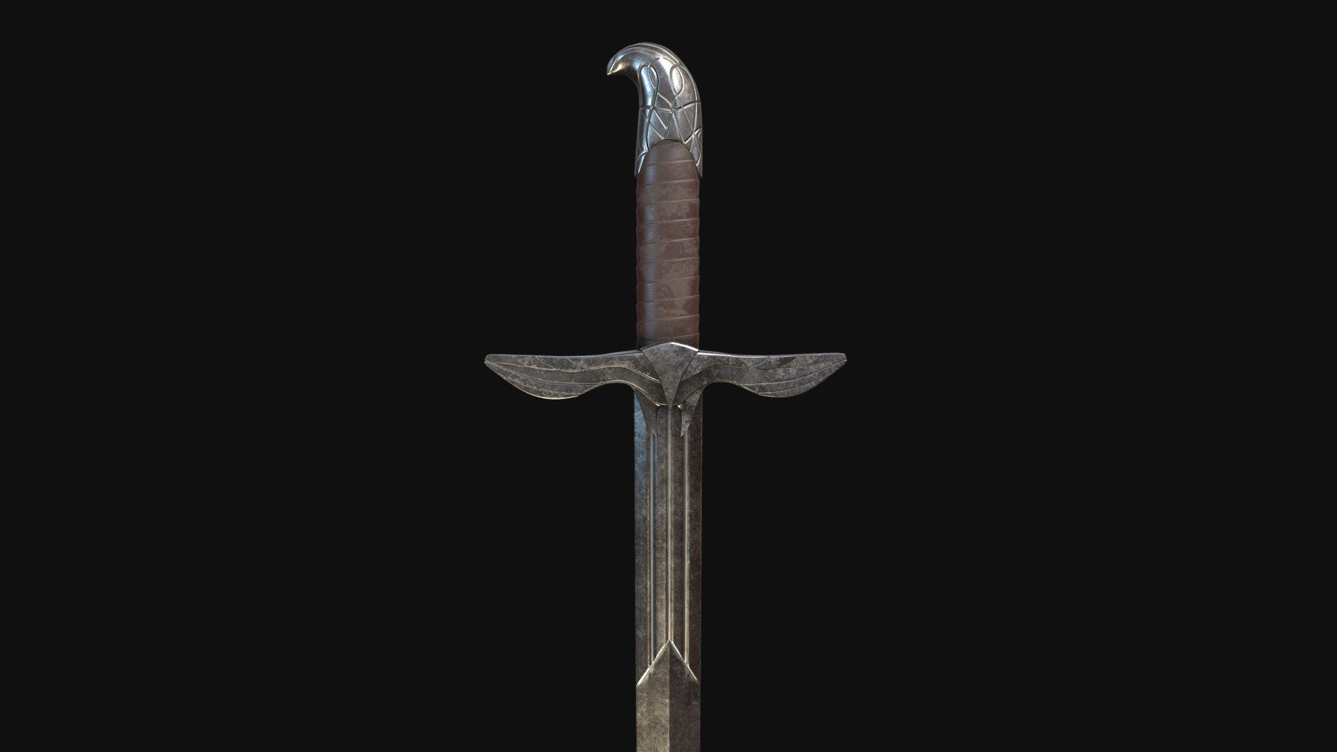 A high-detail model of the famous sword of Altair. It features the classic eagle head as a pommel, and the whole guard area is very reminiscent of the original sword. I took some liberties when it came to the rune-like details on the pommel itself, but tried to remain as close the the original(s) as possible.

The  sword was done via classic hard surface modelling, only said details on the pommels were sculpted and then baked onto the normal map. 
I gave the blade textures a good amount of wear, and went overall for a less clean &ldquo;game-y