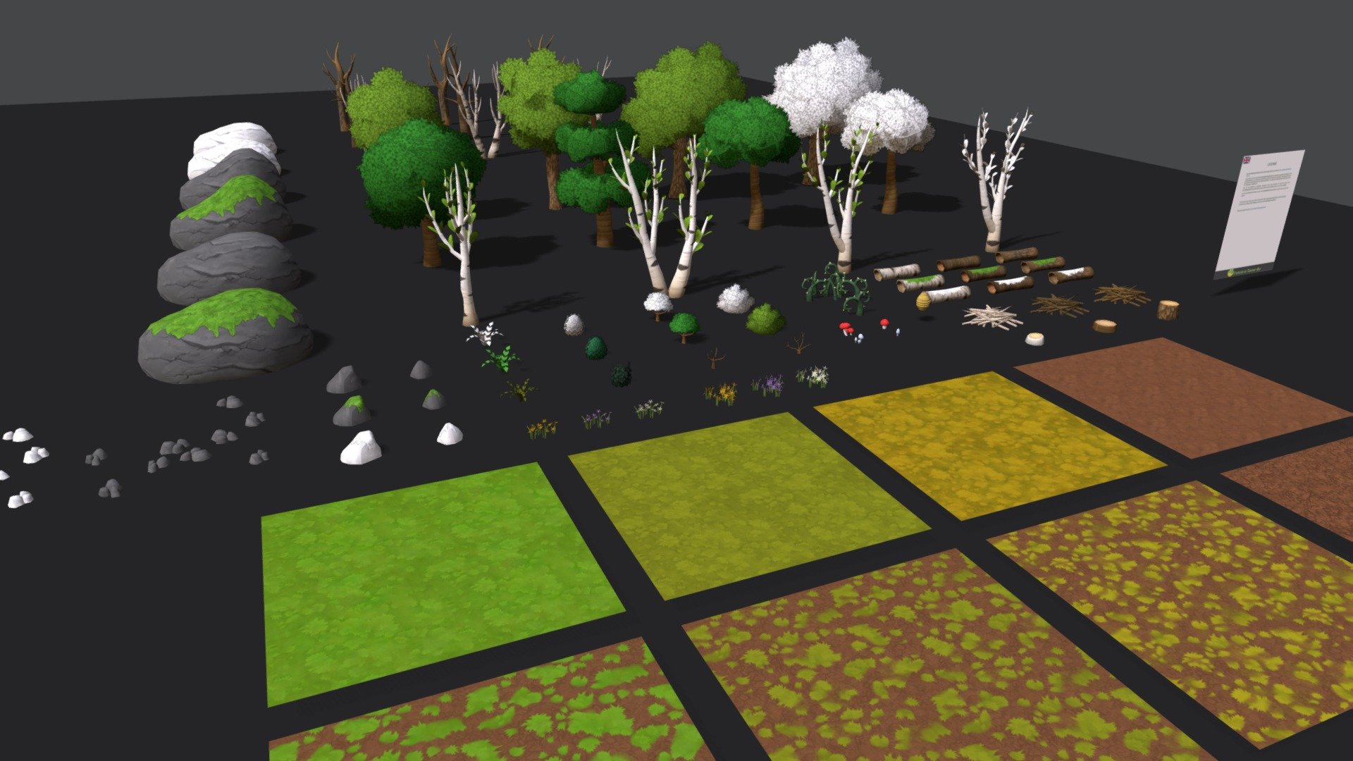 This package allows you to build different forests.



OPTIMIZED PC (LOD for all assets)

COLOR CUSTOMIZATION: White textures allow you to apply the color you want if your shaders allow it or from Photoshop.

See the trailer realized with Unity here


Textures



17 Atlases of textures

8 Tileable textures


Package contains 59 meshes
PROPS




1 Hive, 3 Pile of branches (beech, birch, oak), 3 TreeStump (beech, birch, oak), 3 TreeTrunk (beech, birch, oak), 3 TreeTrunk_Moss (beech, birch, oak).

ROCKS




RockBig_A and RockBig_B, RockBig_A_Moss and RockBig_B_Moss, RockLittle_A , RockLittle_A_Moss, RockLittle_B, RockLittle_B_Moss, RockLittle_C, RockLittle_C_GRP

TREES




3 Beeches, 3 Birches, 3 Oaks, 3 Dead Beeches, 3 Dead Birches, 3 Dead Oaks.

VEGETATION




2 Brambles, 3 bushes, 3 Dead Bushes, 1 Fern, 1 Dead Fern, 6 groups of flowers, 4 Mushrooms

License included in texture  for clarity - Handpainted Forest Pack - Buy Royalty Free 3D model by Taryne-Aly 3d model