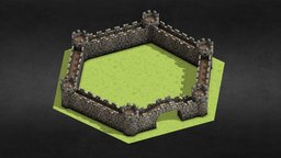 Hexagonal Stone walls tower, hexagon, fort, hex, medieval, walls, fortification, defence, rts-game, lowpoly, military, city