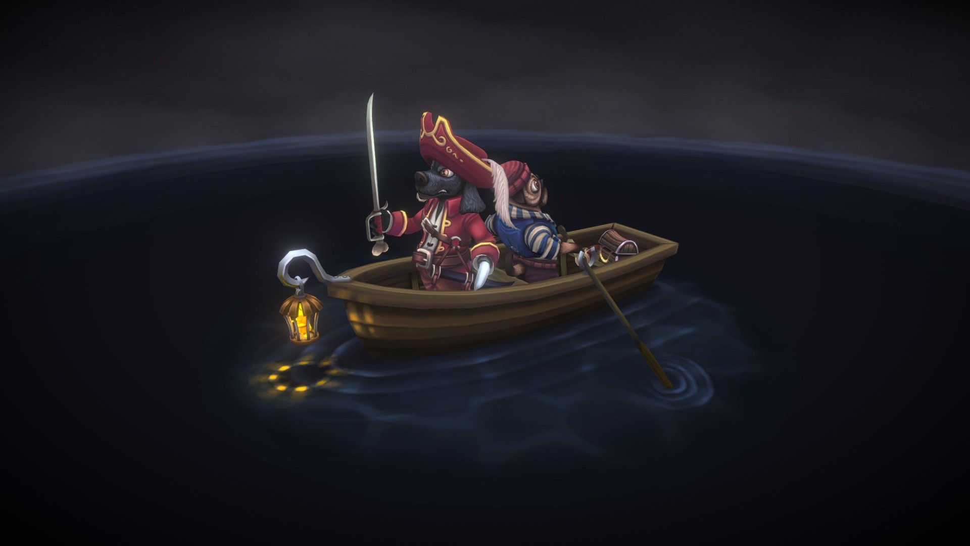 https://www.artstation.com/artwork/VPg6N

starting out as a sketchfab mini comp, this has slowly become a bit of a project that I keep chipping away at and I think I'm finally ready to call this done :)

So presenting&hellip; my take on Hook and Smee from the childhood favourite &lsquo;Peter Pan' presented as a cocker spaniel and a pug, they did it for the musketeers so why not this.

I wanted this to be a personal piece that incorporates a lot of what I have learned with hand painted game assets over the last few years in my paid work, and while I know there are still plenty of areas to improve in, I am really happy with this, and hope others can enjoy it too. maybe I'll find someone to animate them for me at some point :) - Pirate scene - Hook and Smee - 3D model by Damian Case (@damianc) 3d model