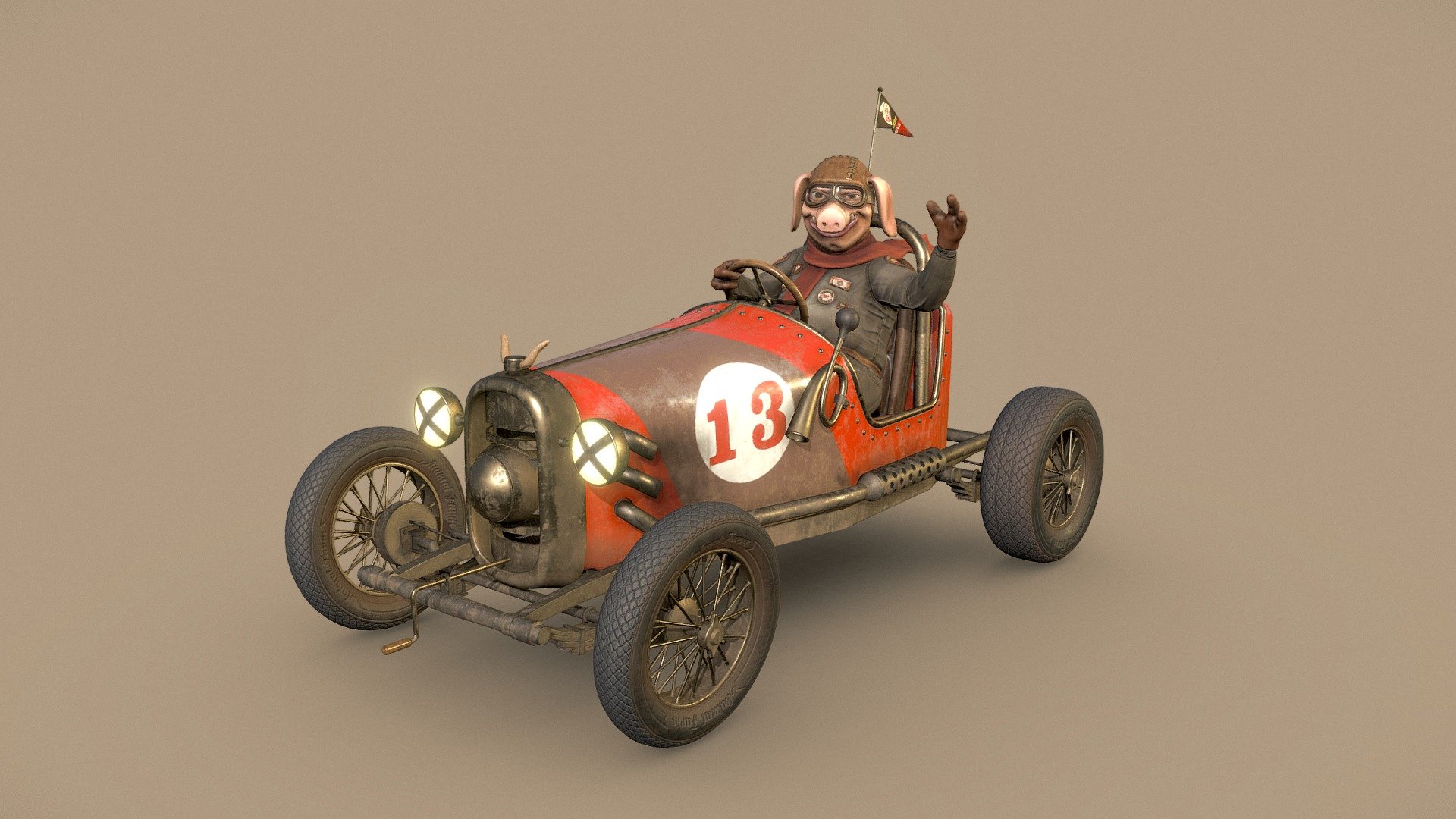 Give me 4 wheels and some gas and I will beat anyone leaving them choking with the trail dust of my car. Fantasy racing pig car made with 115918 quads, centered with PBR textures in 4096 x 4096 3d model