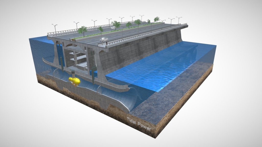 3D info graphic of a tidal power station.

Tidal power, also called tidal energy, is a form of hydropower that converts the energy obtained from tides into useful forms of power, mainly electricity

The original illustration can be seen here 3d model
