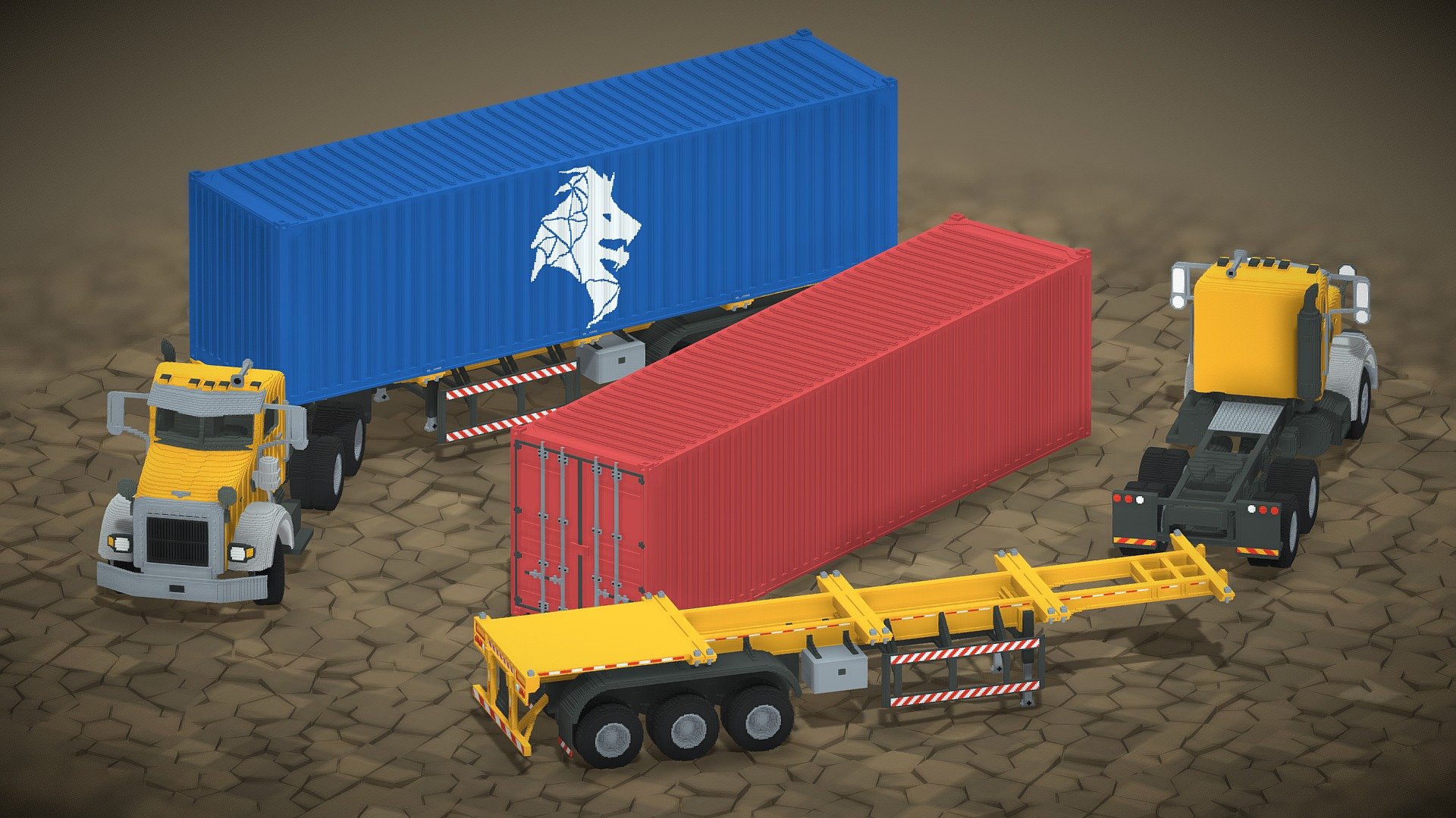 Voxel Container, Truck And Trailer high details 3D models created by Shubbak3D in MagicaVoxel Editor.

Technical Details:

Voxel Container model composed of 2 parts:

Part 1 – (Voxel Size = 117 x 249 x 137)

Part 2 – (Voxel Size = 117 x 255 x 137)



Voxel Container Trailer model composed of 8 parts:

Part 1 – Front of the trailer (Voxel Size = 117 x 256 x 60)

Part 2 – Back of the trailer (Voxel Size = 117 x 256 x 67)

Part 3 – Wheels x6 (Voxel Size = 27 x 45 x 45)



Voxel Truck model composed of 8 parts:

Part 1 – Front of the truck (Voxel Size = 141 x 204 x 130)

Part 2 – Back of the truck  (Voxel Size = 117 x 144 x 50)

Part 3 – Front Wheels x2 (Voxel Size = 20 x 50 x 50)

Part 4 – Back Wheels x4 (Voxel Size = 29 x 50 x 50)



All Formats Size: 113 MB

Zip File Size: 12.9 MB

Polys Count: 325534

Verts Count: 478958

Available Formats: .vox (MagicaVoxel version 0.99.7) .max (3ds max 2021 default include all) .qb .obj + mtl .fbx

Your feedback and rating are important for us 🙂 - Voxel Container, Truck And Trailer - Buy Royalty Free 3D model by SHUBBAK3D 3d model