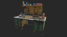 Crafting Workbench bench, assets, desk, paint, prop, tools, grunge, old, crafting, toolbox, workbench, substancepainter, substance, environment