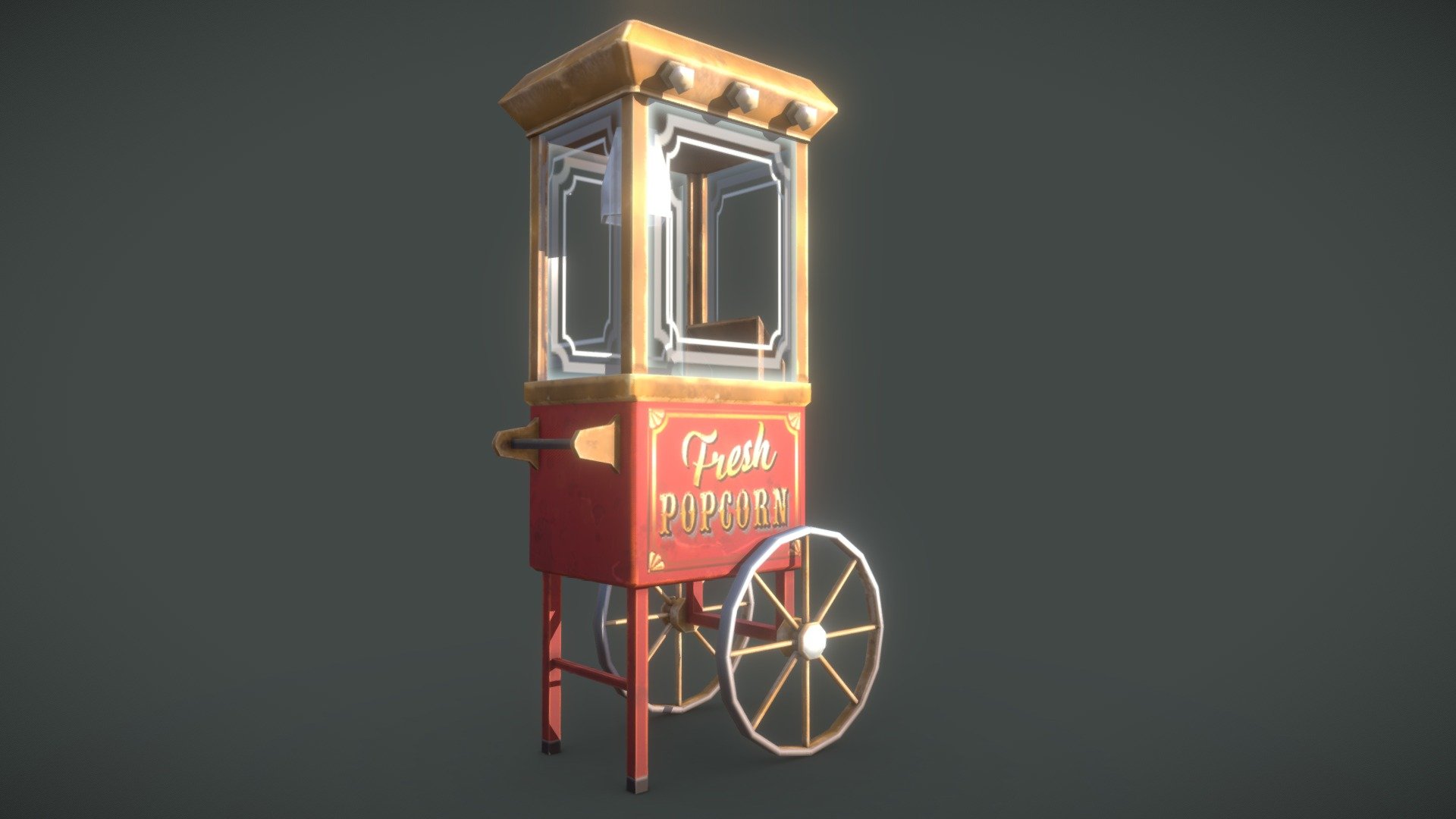 A stylized lowpoly popcorn machine under 1300 tris. The texture is only base colour 512 px, and a very small texture with alpha for glass material. UV are very optimized to ensure that model fits in such a small texture space while retaining good quality. The goal was to ensure optimal perfomance on mobile platforms.
If you have any problems with the purchased model, feel free to contact me here, or via email. I'll do my best to help resolve any posiible issues!
Modeled from several photo references.
Model in Blender, textured in Substance painter and Photoshop.
My artstation: https://www.artstation.com/screwdriver1337 - Stylized Popcorn Machine (Lowpoly) - Buy Royalty Free 3D model by Screwdriver1337 3d model