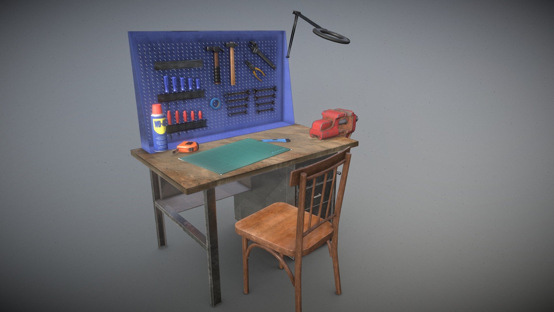 3D low-poly models of WorkBench Station

Every good worker has his own workbench in the garage.

PBR 4K texture set + AO for every object.

Models are logically named:

• Working Table

• Vice

• Wrench Tool

• 2 models of Hammer

• 2 screw Drivers Models

• WD-40

• Roulette

• Substratte

• Stationery Knife

• Mountable Lamp

• Pliers

• Blue Electrical Tape

Free 3 examples available:

• Hammer https://sketchfab.com/3d-models/just-a-simple-hammer-342d75827f6547179b70d612c3fa69c4

• Hammer 2 https://sketchfab.com/3d-models/just-a-simple-hammer-2-99e406eb26924654a6a0e7c7645a941b

• Wrench https://sketchfab.com/3d-models/stainless-steel-wrench-tool-5445c58e2dca45eb9845449d441b2d3d

Better textures are available in the native blend file. Models are based on references that exist in the public domain. Feel free to write if you need to create models in a different format 3d model