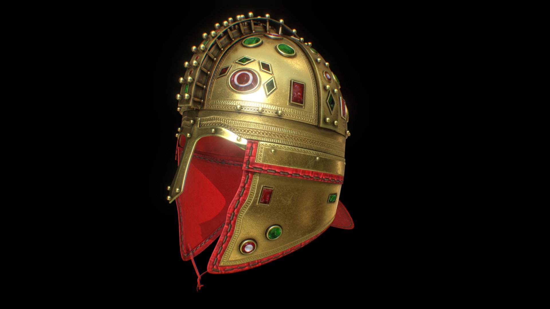 The Late Roman ridge helmet was a type of combat helmet of Late Antiquity used by soldiers of the Late Roman army. It was characterized by the possession of a bowl made up of two or four parts, united by a longitudinal ridge - Berkasovo Golden -  Roman  Helmet - Buy Royalty Free 3D model by Davicolt 3d model