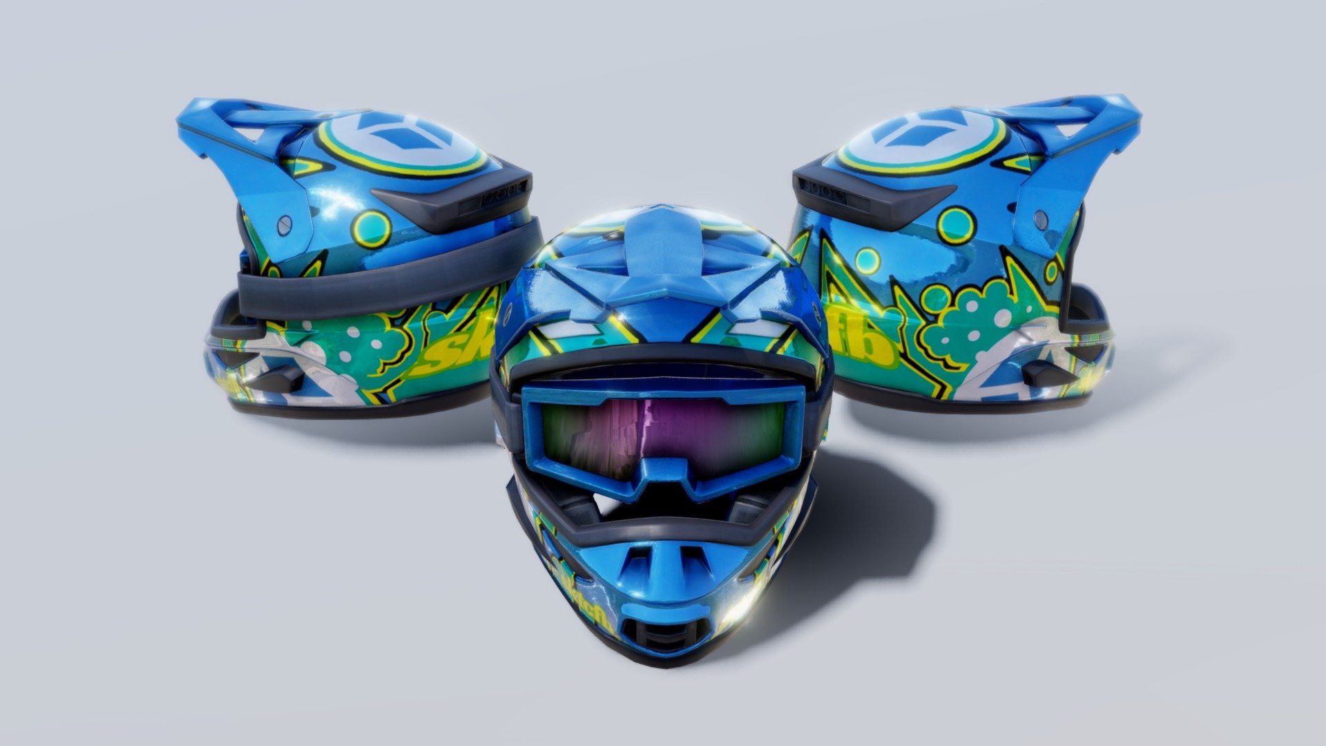 hey, i made some motocross helmet. kind a nice for your scene or mockup your design. 2048px texture and middlepoly. also i have free stuff for download please cek my page, and follow for update upload.

asset containt 3 type helmet models + 2048px  texture + 1 Blankcolor no decals 2048px texture.

looking for freelance 3D artist for your mobile game? Feel free to ask me by email feral.fe2@gmail.com

Also you can check my instagram account @ferozes

Thank you soo much for your support guys&hellip; love you all!!!
Have nice scene 3d model