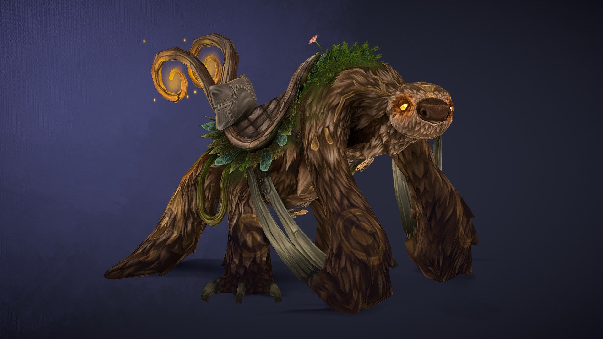 Deep within the jungles of Azeroth, lives the animal called the Dozer. This drowsy creature is revered by druids for their ability to remain in the Emerald Dream even while in the heat battle. However, some speculate they are instead druids, who have followed the path of the Sloth and have become to lazy to revert back to their original forms.

In this project I wanted to make a creature and mount that could exist in the universe of World of Warcraft. I wanted to be as accurate to in game models and aimed have it share the same poly count as well as texture resolution as models in game. I was inspired to make this based on Ashleigh Warner's creation of the pet, &ldquo;Daisy the Sloth