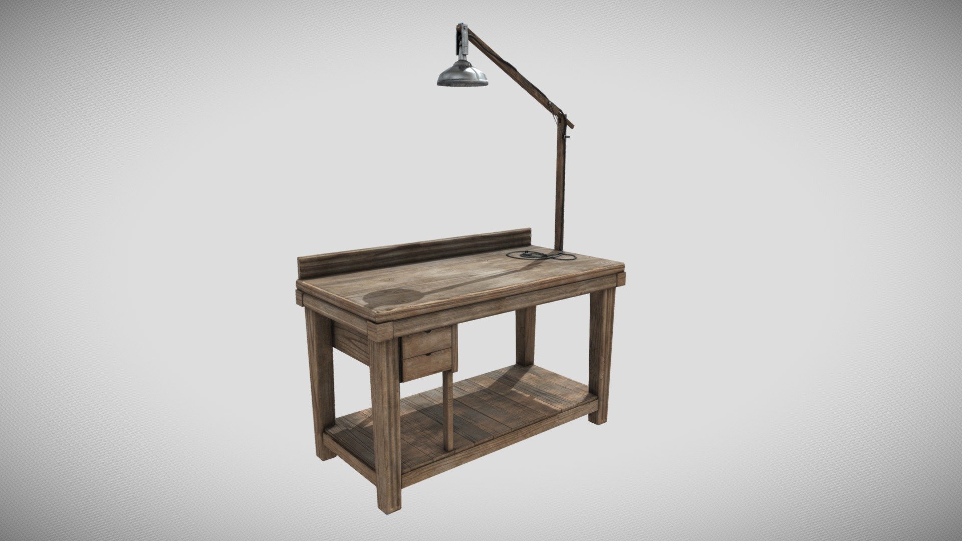 A wooden workbench with a lamp. Great for game world environments 3d model