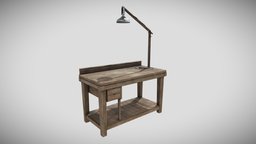 Wood Workbench with Lamp wooden, work, furniture, old, workbench, substancepainter, substance, wood