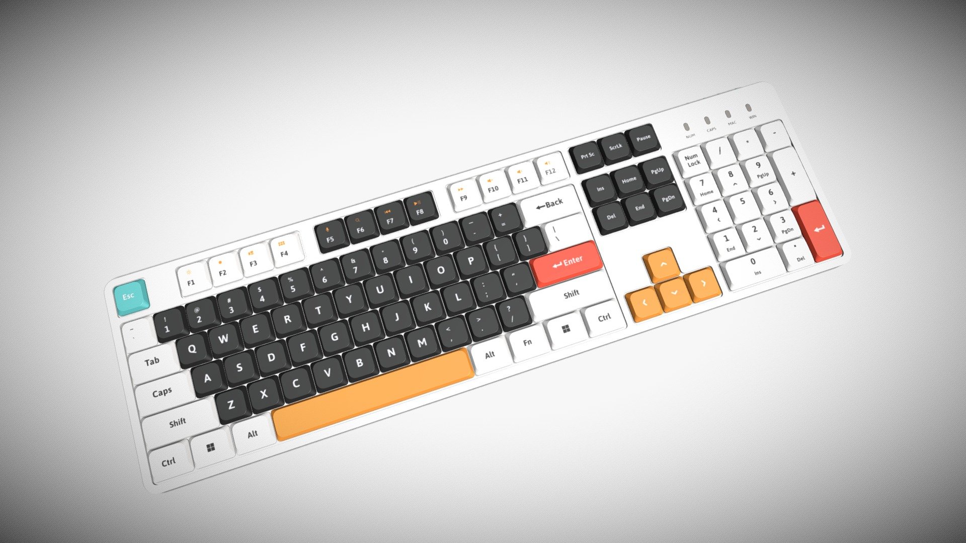 Detailed model of a white Full Size Keyboard, modeled in Cinema 4D.The model was created using approximate real world dimensions.

The model has 68,395 polys and 68,624 vertices.

An additional file has been provided containing the original Cinema 4D project files with both standard and v-ray materials, textures and other 3d export files such as 3ds, fbx and obj 3d model