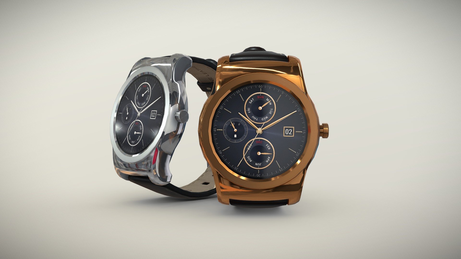 •   Let me present to you high-quality low-poly 3D model LG Watch Urbane W150. Model is presented in two colors: Silver and Gold. Modeling was made with ortho-photos of real watch that is why all details of design are recreated most authentically.

•    This model consists of one mesh, it is low-polygonal and it has only one material for each color version. 

•   The total of the main textures is 5. Resolution of all textures is 4096 pixels square aspect ratio in .png format. Also there is original texture file .PSD format in separate archive.

•   Polygon count of the model is – 4631.

•   The model has correct dimensions in real-world scale. All parts grouped and named correctly.

•   To use the model in other 3D programs there are scenes saved in formats .fbx, .obj, .DAE, .max (2010 version).

Note: If you see some artifacts on the textures, it means compression works in the Viewer. We recommend setting HD quality for textures. But anyway, original textures have no artifacts 3d model