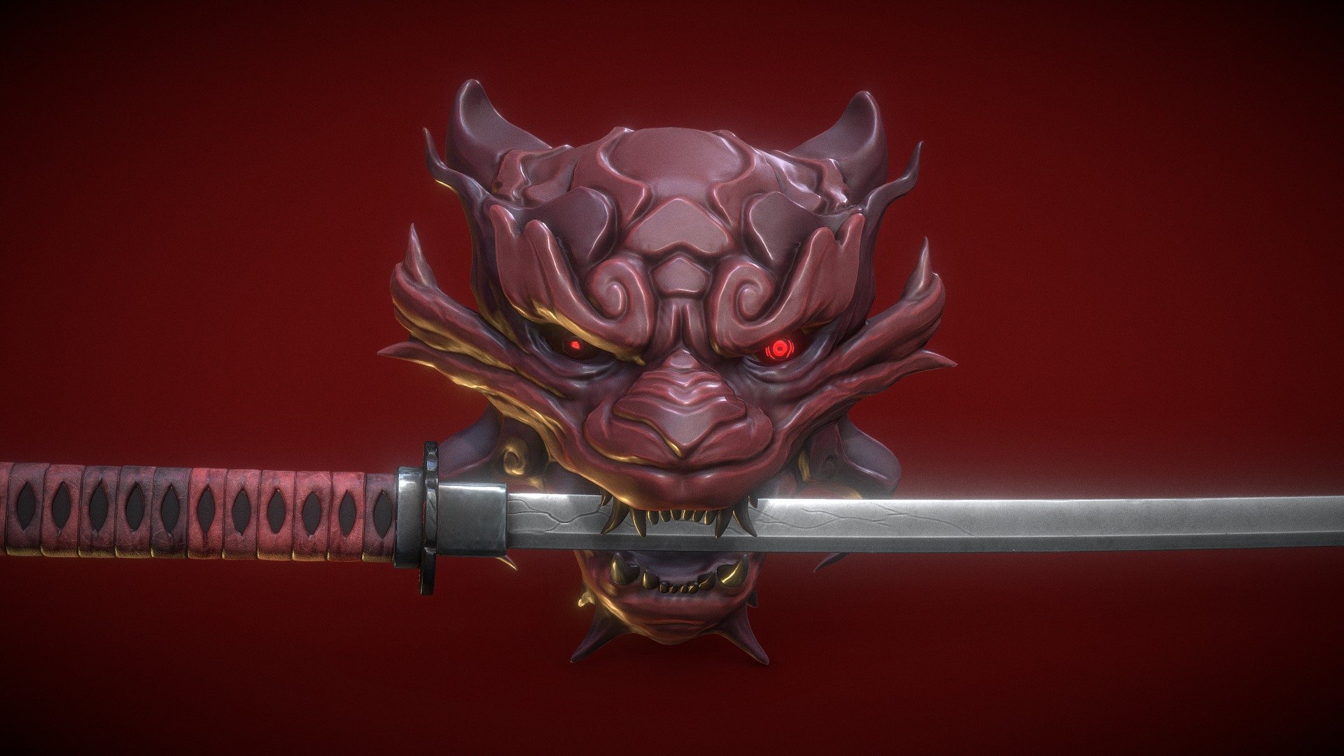I've been working on props for a fantasy Japanese type game environment and this oni mask and katana is a part of it. 
The project is called &lsquo;Oni's rest' , I'll upload the mini environment when I make it game ready(absolute torture). I learnt a lot so quality will be improving slowly but surely. 
there's some engravings on the katana, which are emissive.
the one on the butt cap(I searched up katana part names, dont @ me) translates to &ldquo;end