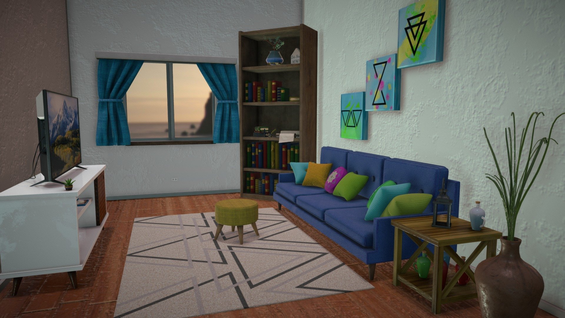 Livingroom environment everything was made by me, props, models, and textures.
Models are kept to a fairly low poly to make sure things run smooth.

To be honest I may want to change my real living room to match this.

WIth Purchace you get models and textures for all of the following:
Couch, Ottoman, Pillows, Book Shelf, Books, End Table, Tv, Tv stand, Paintings, Decorations, and Miscelanious Models

Thank you for your support 3d model