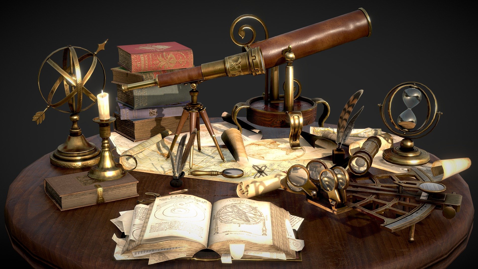 Astronomical Vintage Props - low poly

Triangles: 31.6k
Vertices: 17k

26 low poly models:




7 Books

2 Telescopes

2 Navigation Dividers

2 Roll Parchments / Scrolls

5 Maps

2 Pen Inkwels

Sextant Telescope

Magnifying Glass

Hourglass

Candlestick

Armillary Sphere

Round Table

Textures (2K and 4K and UE textures) and separate models in additional file.

Commercial use*

My models cannot be included in an asset pack or sold at any sort of asset/resource marketplace.* - Astronomical Vintage Props - low poly pack - Buy Royalty Free 3D model by Karolina Renkiewicz (@KarolinaRenkiewicz) 3d model