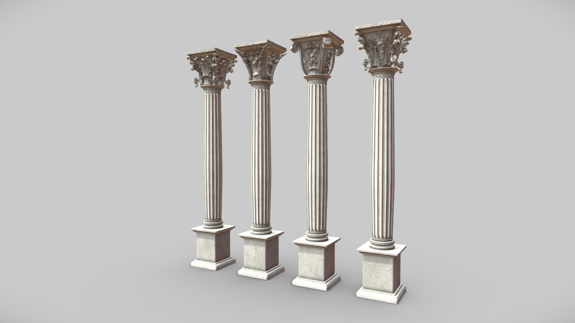 The composite order is a mixed classical order that does not belong to the group of Greek architectural orders (Doric, Ionic and Corinthian). In these versions of pillars I wanted to design my own composite pillars, giving them a greater variety of herbaceous moldings, unifying them by having the same base and the same engraving on the shaft and capital, as well as volume 1 are made from textures in 4K 3d model