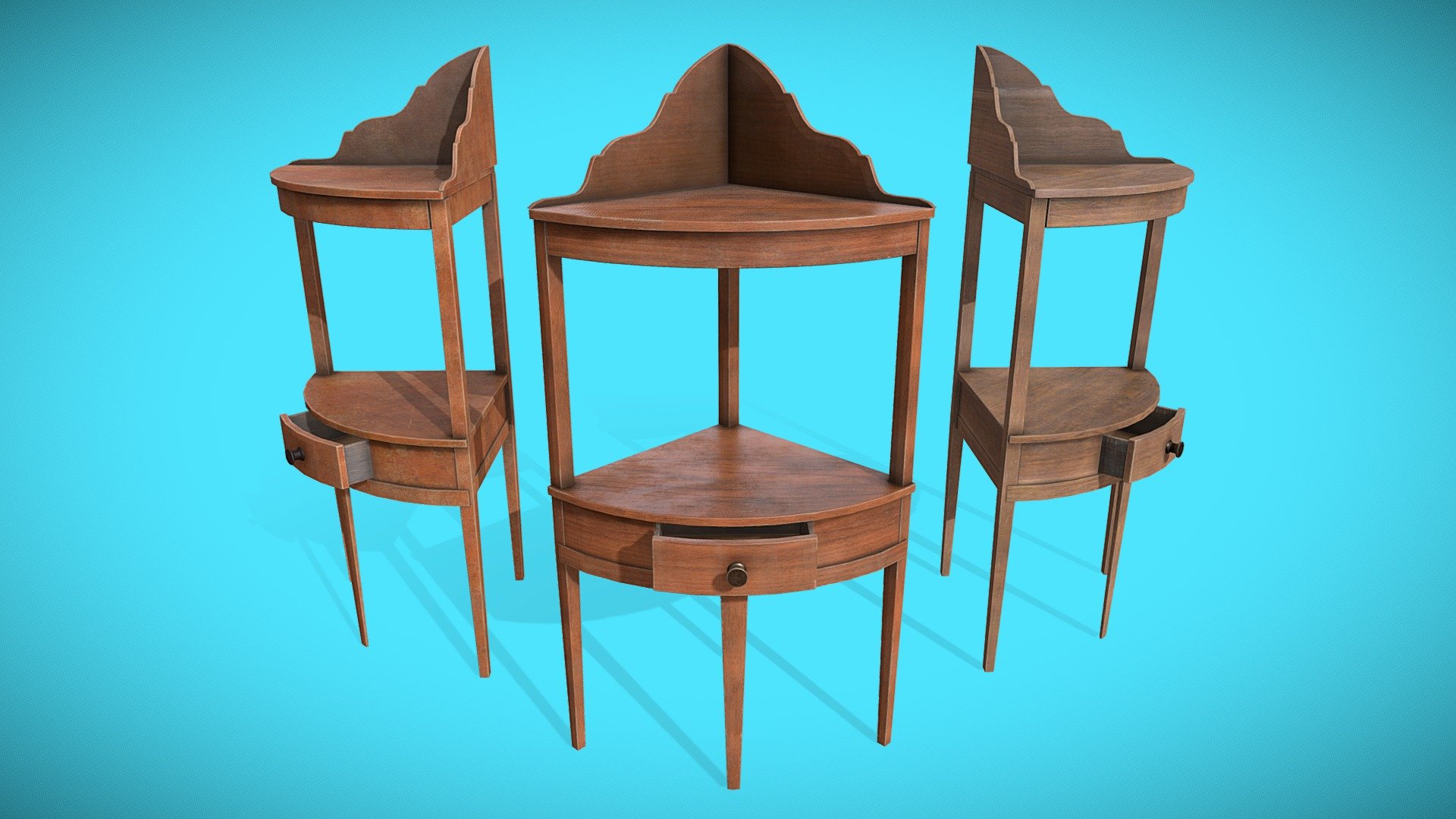 1800s Wooden corner shelving or corner table with a single drawer - with three texture variations 3d model