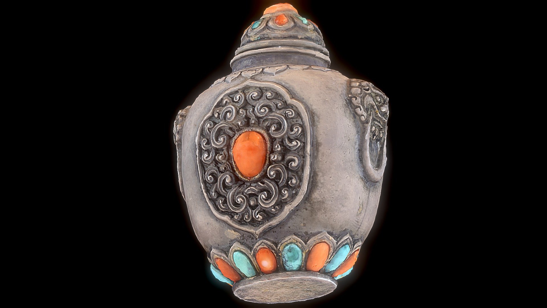 19th century silver engraved snuff bottle adorned with jade and coral stones.

Created in RealityCapture by Capturing Reality from 190 images in 00h:31m:57s 3d model