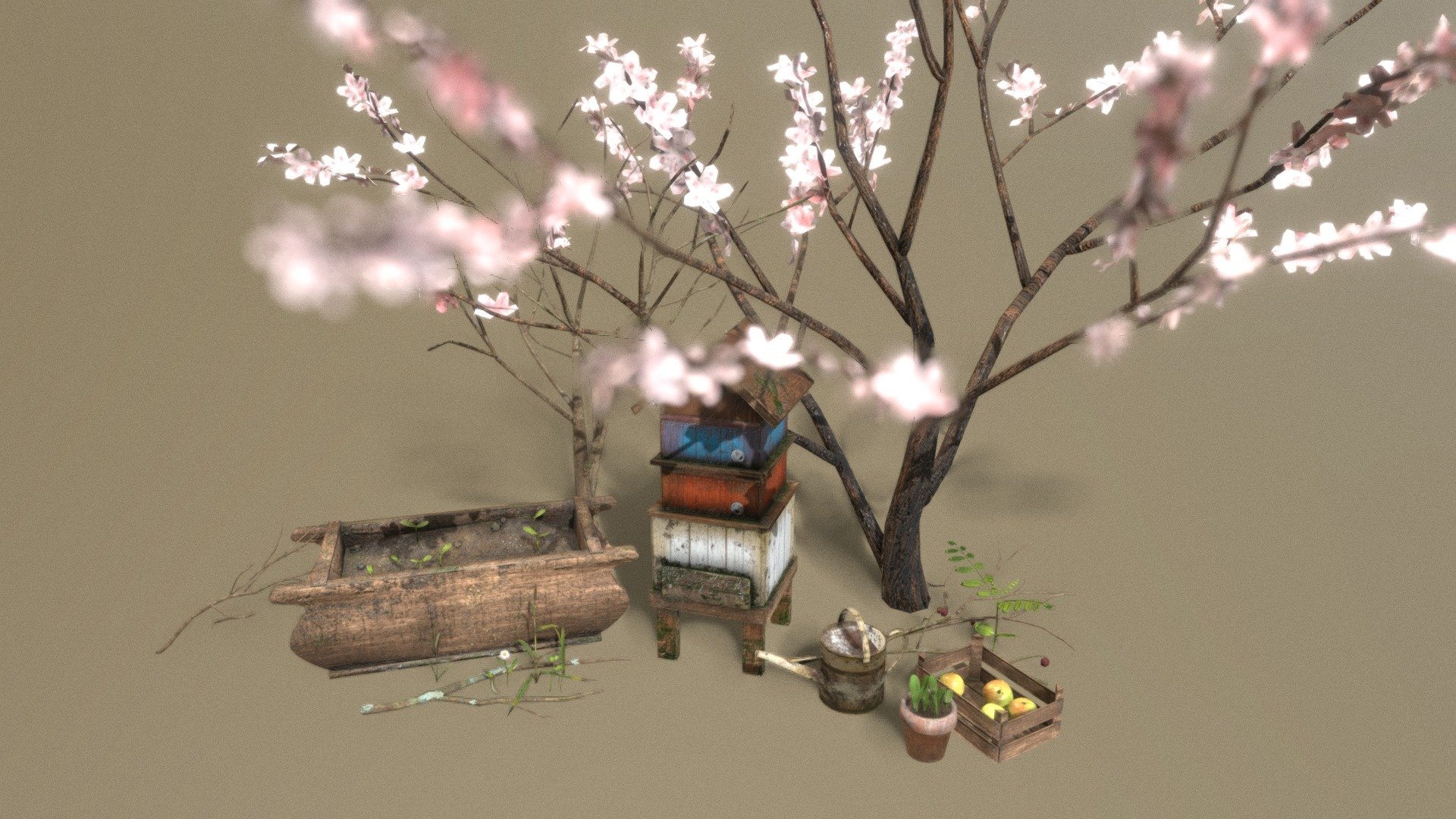 Spring gardening asset pack with a beehive, sakura tree, old wooden washtub, watering can, crate with apples, potted lettuce, flowers, sprouts, grass, and some branches 3d model