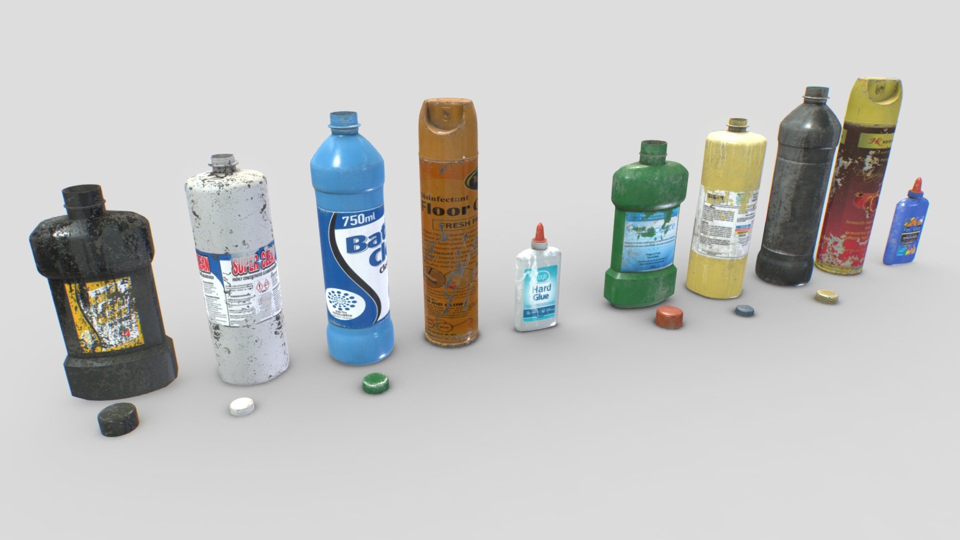 Pack of junk of plastic bottles and sprays. Realistic scale. Includes cleaners, glue bottles and sprays . 8 meshes.

Each object comes with 2 texture sets (materials), for a total of 16 different objects and 2 materials. Each mesh use 1 material only.

PBR 4096x PBR textures including Albedo, Normal, Metalness, Roughness and AO. Unreal ARM mask texture included (ao, rough, metal). Also unity HDRP mask included.

6k verts and 13k tris in total.

Suitable for garages, landfill, street trash, apocalyptic scenes, etc&hellip; - Cleaning Tools Junk - Buy Royalty Free 3D model by 32cm 3d model