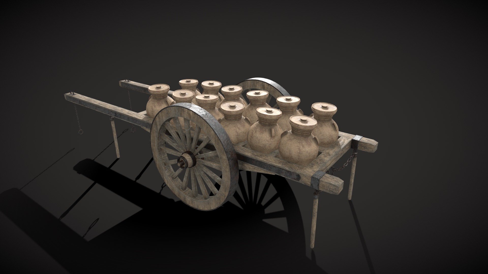 Description

Cart for traditional transport of jars. Of medieval tradition, it was used in Spain until the first half of the 20th century. The jars are held by a system similar to that of cantareras, that is, resting on the holes in the wooden structure of the cart itself. There are extensive references to its use already in medieval times in the plates of the Civitates Orbis Terrarum by Braun and Hogenberg, dated 1576, as well as in the documentary photography of early 20th century photographers. 

Source: https://www.alamyimages.fr/valence-tipos-con-carro-lleno-de-anforas-image246238070.html




Vehicle

8th – 20th century

Medieval

Southern Europe and Northern Africa

More model info




Vertex: 155.240 

Faces: 154.519

Asset modeled in Blender and high quality PBR (Diffuse/ Metalness/ Roughness/ Normal_OpenGL) textures in Substance Painter at 4k 2k and 1k resolution. FBX and OBJ and .blend files to work with any 3D software are available 3d model