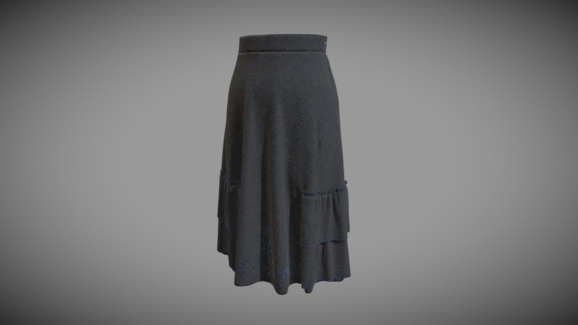 The 3D model presents a 3D reconstruction of a skirt (Design patent RU130561). The skirt is made of wool multiple colour fabric . It has a belt  and two front hip pockets. The bottom part of the skirt is decorated with two ruffles. The 3D model was created in Clo3D software, textured in Substance Painter and post-processed in 3dsMax.

The authors of the 3D model are Mariia Moskvina and Aleksei Moskvin (Saint Petersburg State University of Industrial Technologies and Design)

https://independent.academia.edu/MariiaMoskvina

https://independent.academia.edu/AlekseiMoskvin - Skirt (Design patent RU130561) - 3D model by Mariia Moskvina (@mariia89) 3d model