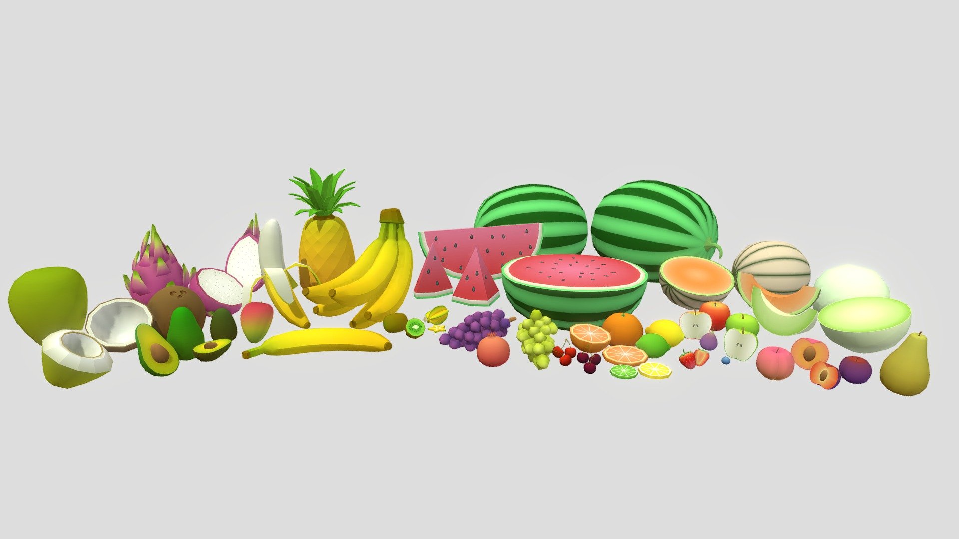 This is a stylized collection of fruit that can be used in anything from low-poly mobile games to graphic design. Models range from 200 tris/100 faces to the largest model being 2280 tris/2122 faces, average model is roughly 400 tris. Model scale is in centimeters. Texture is a single 1024 x 1024 palette map that all models share, available in PNG, JPEG, and Targa.

This pack contains:

24 Fruit:




Watermelon

Cantaloupe

Honeydew

Apple (red/green)

Orange

Lemon 

Lime

Banana

Peach

Plum

Pear

Fig

Cherry (red/black)

Strawberry

Blueberry

Grape (purple/green)

Pomegranate

Pineapple

Mango

Kiwi

Coconut (brown/green)

Starfruit

Dragonfruit

Avocado (florida/hass)

60 Meshes:




30 Whole Fruit

16 Halves

10 Slices

4 Other (peeled/bunch)

1 Texture map - Low Poly Fruit Set - Buy Royalty Free 3D model by erf-3Dmodels 3d model
