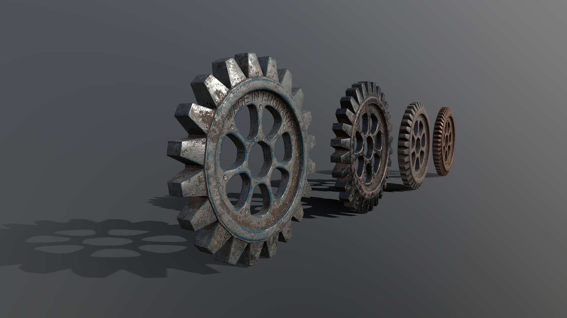 Industrial Gear Set 03

All objects Modelled to give a worn, aged look to each Gear, which you can easily build up a complex Gear system to fit within your project/scene

Great assets if you are creating a Steampunk scene!

Modelled in Blender 2.80 

3 Formats included:

Blend

Fbx

Obj/Mtl

All Textures

Textured in Substance Painter 2

Approximate Diameter of each Gear: 1000cm

Scale: 1.000 Metric

2K Resolution Maps / PBR /: Colour, Metallic, Roughness &amp; Normal 

(Height Maps provided in the Textures folder if you wish to use them)

2048 x 2048 Maps

Origin of all Models: Centre Of Mass

Please note if you are using EEVEE:

You may need to go into the Render Properties Tab - Performance - Enable High Quality Normals

Unwrapped - non overlapping UVs

Clean Topology, no loose or double Vertices

Of course any of these Objects can be duplicated as many times as you like - Multiple Industrial Gears!

Thanks for your interest &amp; support!

MagicCGIStudios - Industrial Gear Set 03 - Buy Royalty Free 3D model by MagicCGIStudios 3d model