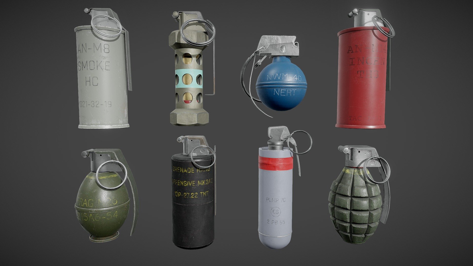 PBR gameready pack of 3d models - 8 grenades. Texture’s resolution - 2048x2048 px. All textures have .png format. Models are optimized for game engines 3d model