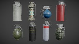 Grenade Pack grenade, gas, fps, bomb, frag, fragmentation, explosive, flashlight, props, old, smoke, handgrenade, napalm, smokegrenade, game, weapons, blender, lowpoly, military, gameasset, war, gameready, napalmgrenade