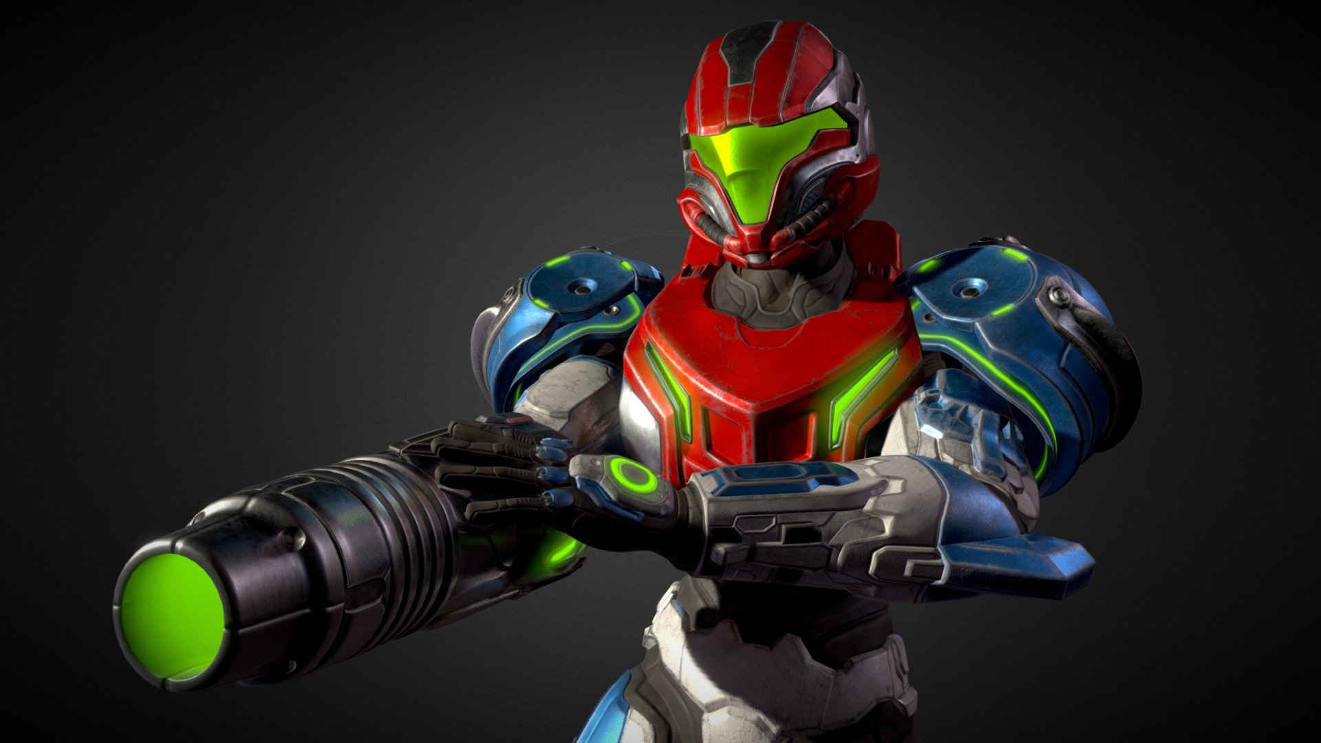 A reimagining of halo spartan armor designed for bounty hunter Samus Aran. After making contact with the UNSC and being inducted into their Spartan program, a new suit of mjolnir power armor was manufactured for Samus Aran, Spartan S435. A blue and red paint variation resembling her power armor used when exploring the planet ZDR 3d model
