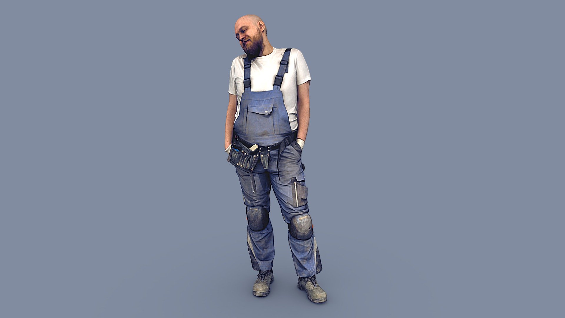 ✉️ A young man, a bald guy with a beard, a builder, a worker, in a working uniform, overalls, with a belt bag with tools, in knee protection, hands in pockets, stands, looks down approvingly.

🦾 This model will be an excellent mid-range participant. It does not need to be very close and try to see the details, it reveals and demonstrates its texture as much as possible in case of a certain distance from the foreground.

⚙️ Photorealistic Construction Worker Character 3d model ready for Virtual Reality (VR), Augmented Reality (AR), games and other real-time apps. Suitable for the architectural visualization and another graphical projects. 50 000 polygons per model 3d model
