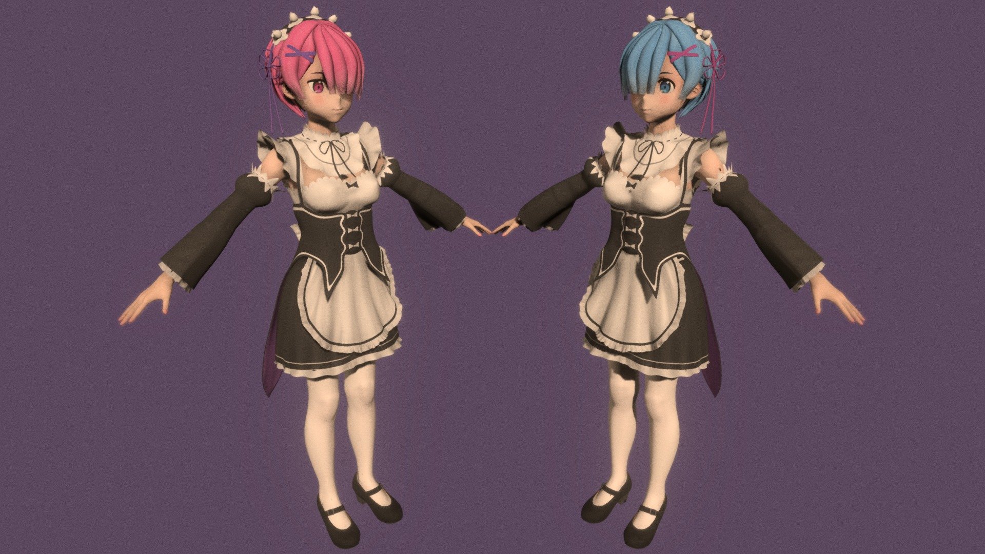 T-pose rigged model of anime girl Rem &amp; Ram (Re:Zero − Starting Life in Another World).

Body and clothings are rigged and skinned by 3ds Max CAT system.

Eye direction and facial animation controlled by Morpher modifier / Shape Keys / Blendshape.

This product include .FBX (ver. 7200) and .MAX (ver. 2010) files.

3ds Max version is turbosmoothed to give a high quality render (as you can see here).

Original main body mesh have ~7.000 polys.

This 3D model may need some tweaking to adapt the rig system to games engine and other platforms.

I support convert model to various file formats (the rig data will be lost in this process): 3DS; AI; ASE; DAE; DWF; DWG; DXF; FLT; HTR; IGS; M3G; MQO; OBJ; SAT; STL; W3D; WRL; X.

You can buy all of my models in one pack to save cost: https://sketchfab.com/3d-models/all-of-my-anime-girls-c5a56156994e4193b9e8fa21a3b8360b

And I can make commission models.

If you have any questions, please leave a comment or contact me via my email 3d.eden.project@gmail.com 3d model