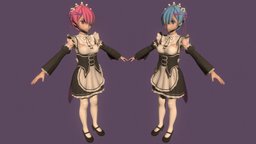 T pose rigged model of Rem & Ram cute, teenage, skirt, ram, teen, uniform, woman, maid, waitress, rem, anime-girl, re-zero, short-hair, girl, anime, rigged, re-zero-starting-life-in-another-world