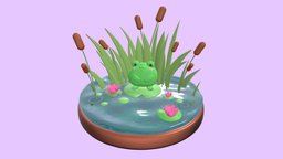 Cute Froggy at the Pond Figurine cute, flower, frog, pond, lilly, water, nature, kawaii, adorable, anphibian, cattails, character, creature, animal