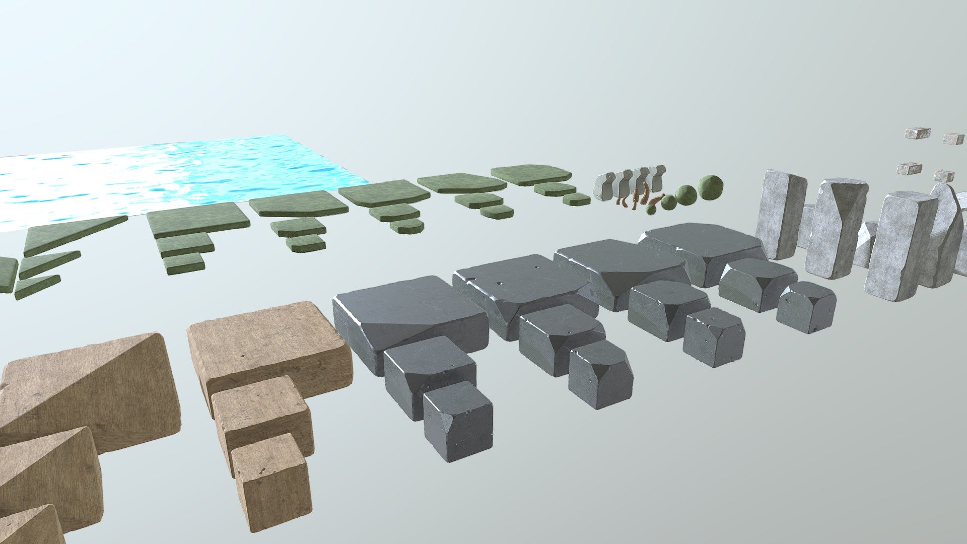 This asset pack contains various blocks and objects that are constrained to a grid, allowing for easy modular construction of game levels.

For an example of what can be achieved with these assets, check out this scene I made 3d model