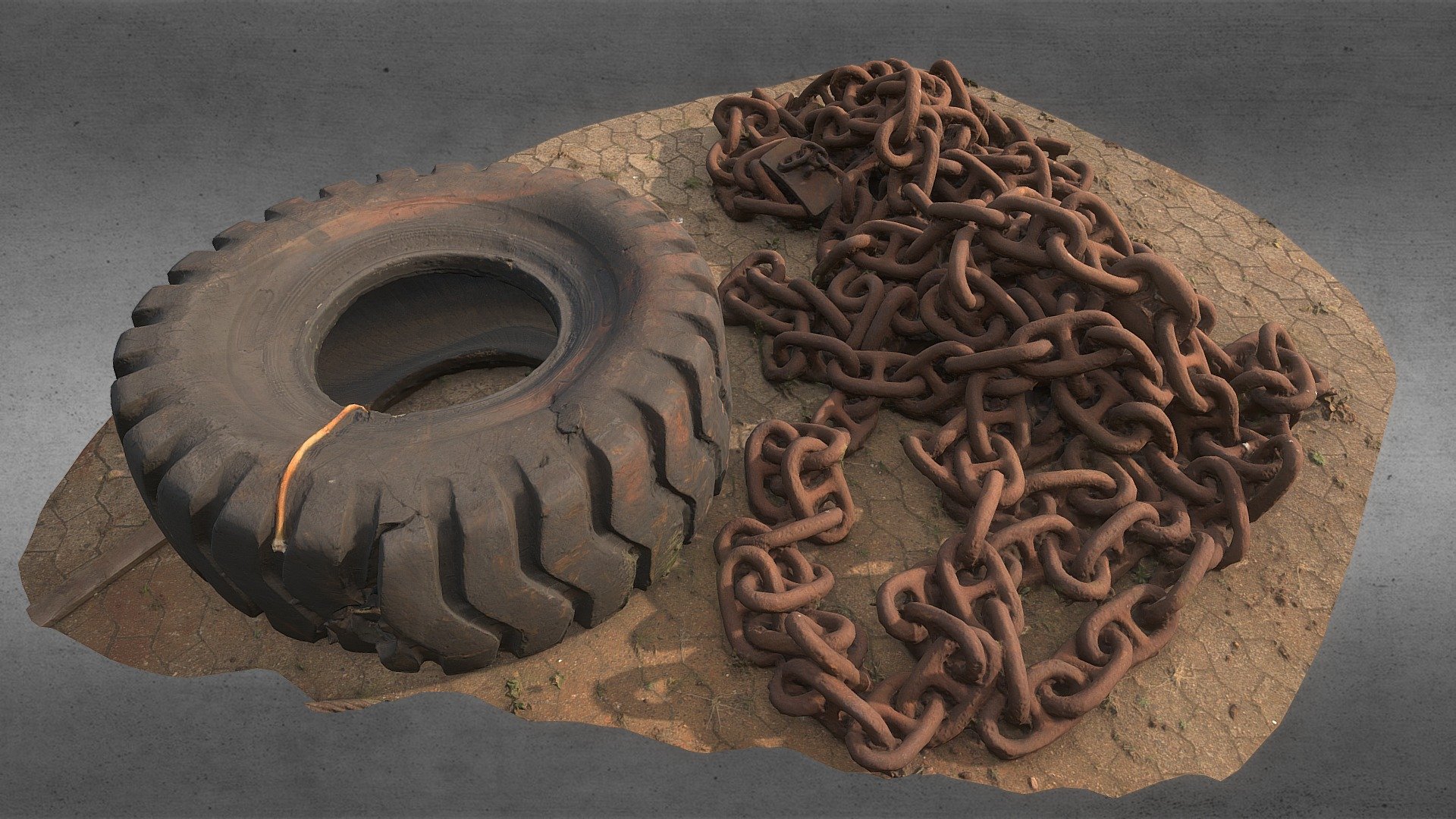 Big damaged tire and metal anchor chain. 

Scanned on a cloudy day in the harbor of Cuxhaven, Germany 3d model