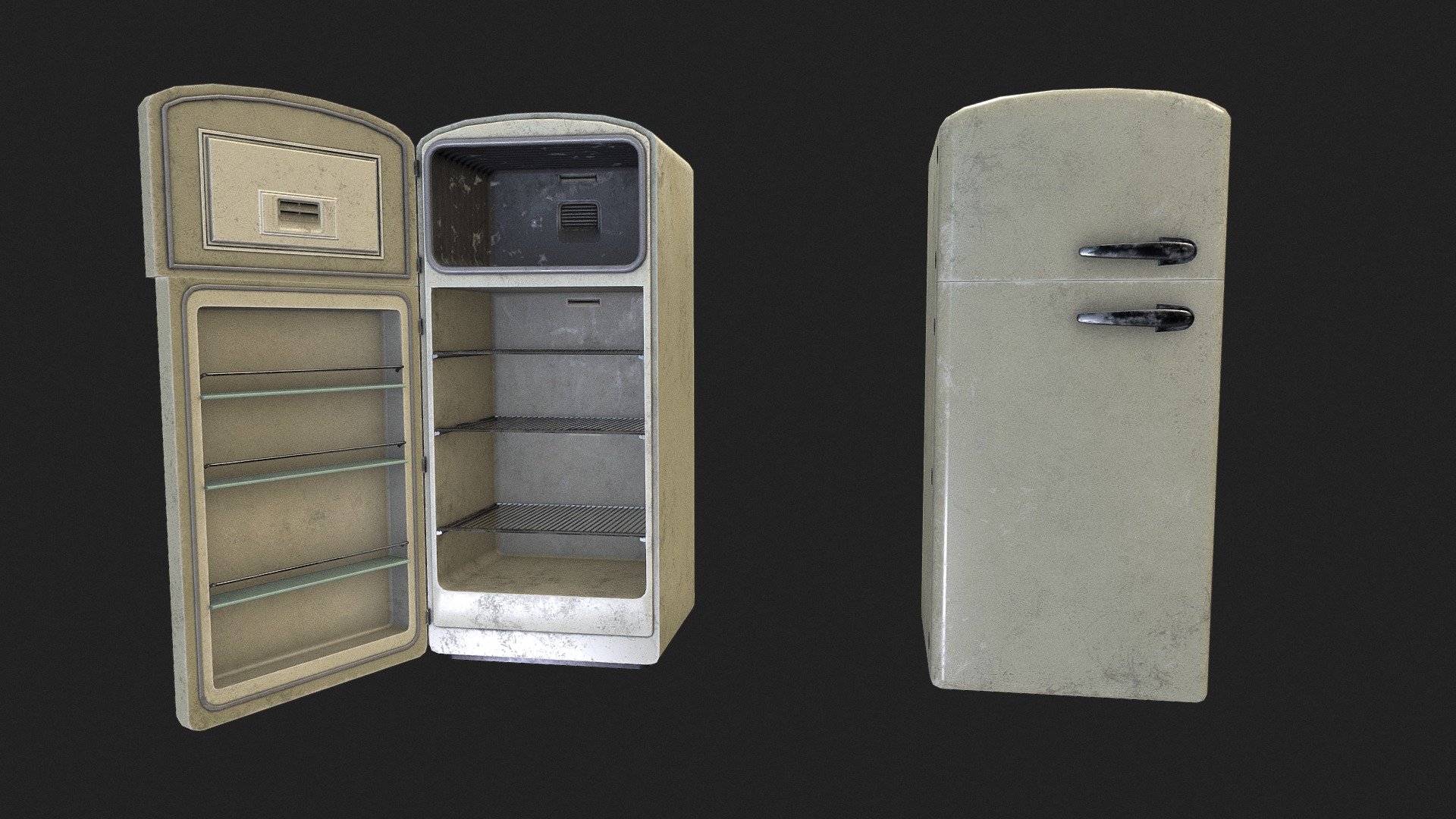 2048x2048 textures packs (PBR Metal Rough, Unity HDRP, Unity Standard Metallic and UE4):

PBR Metal Rough- BaseColor, AO, Height, Normal, Roughness, Metallic and Emissive;

Unity HDRP: BaseColor, MaskMap, Normal and Emissive;

Unity Standard Metallic: AlbedoTransparency, MetallicSmoothness, Normal and Emissive;

Unreal Engine 4: BaseColor, Normal, OcclusionRoughnessMetallic and Emissive;

The package also has the .fbx, .obj, .dae and .blend file - Old Fridge - Buy Royalty Free 3D model by Thiago Ferraro (@thiagoferraro) 3d model