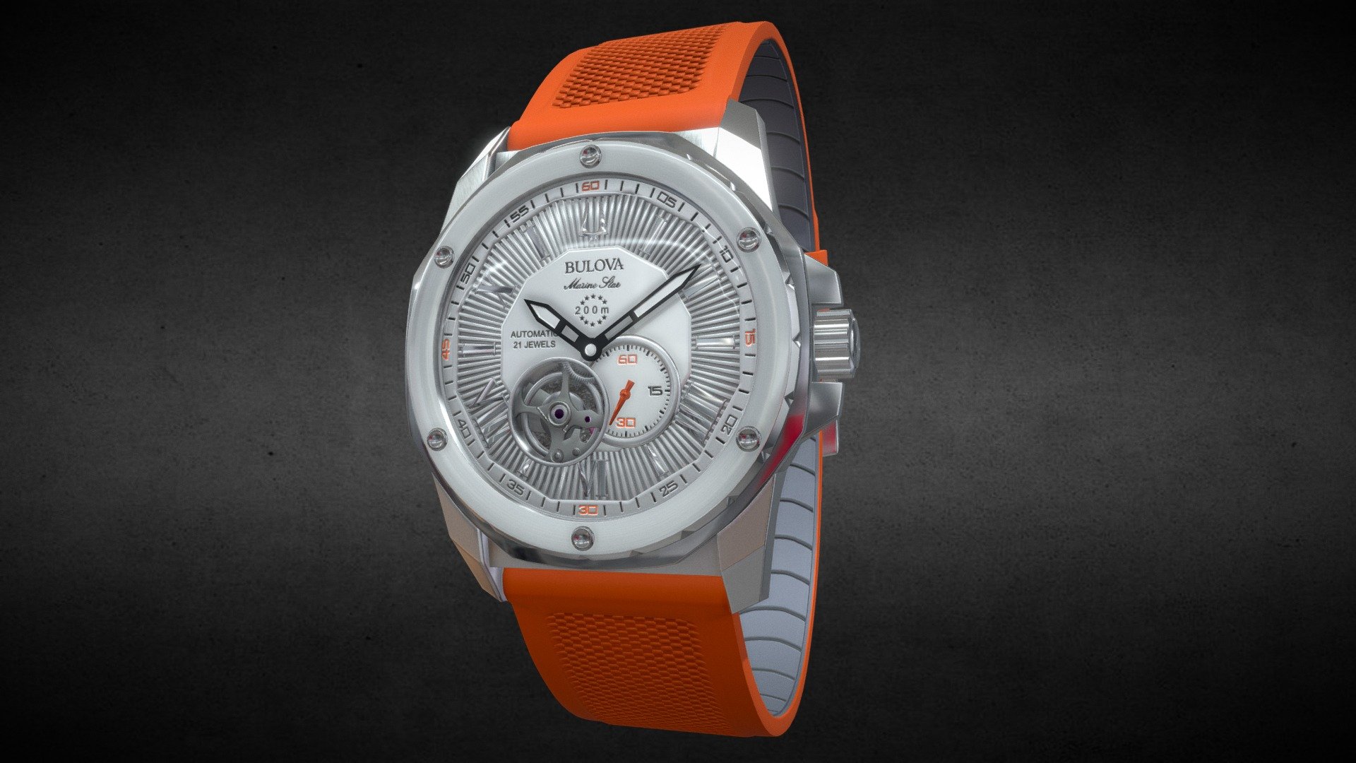 Awesome stainless steel Mens Automatic Marine Star Orange Silicone Strap watch 45mm․
Use for Unreal Engine 4 and Unity3D. Try in augmented reality in the AR-Watches app. 
Links to the app: Android, iOS

Currently available for download in FBX format.

3D model developed by AR-Watches

Disclaimer: We do not own the design of the watch, we only made the 3D model - Bulova Marine Star Orange Watch - Buy Royalty Free 3D model by ar-watches 3d model