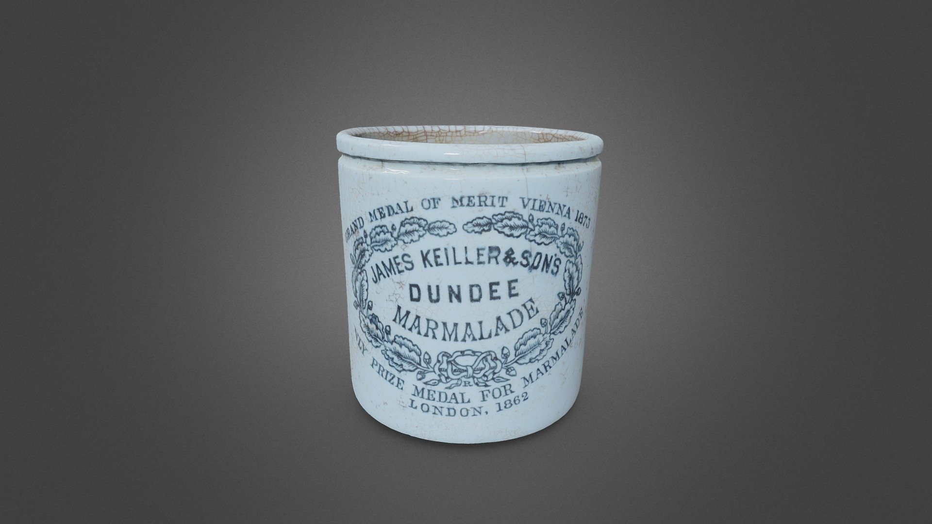 19th century marmalade jar. 

https://en.wikipedia.org/wiki/Keiller%27s_marmalade

Photography and Model Credit: Charlotte Sargent - Keiller's Marmalade Jar - 3D model by Archaeology, Classics and Egyptology at Liverpool (@LivAncWorlds) 3d model