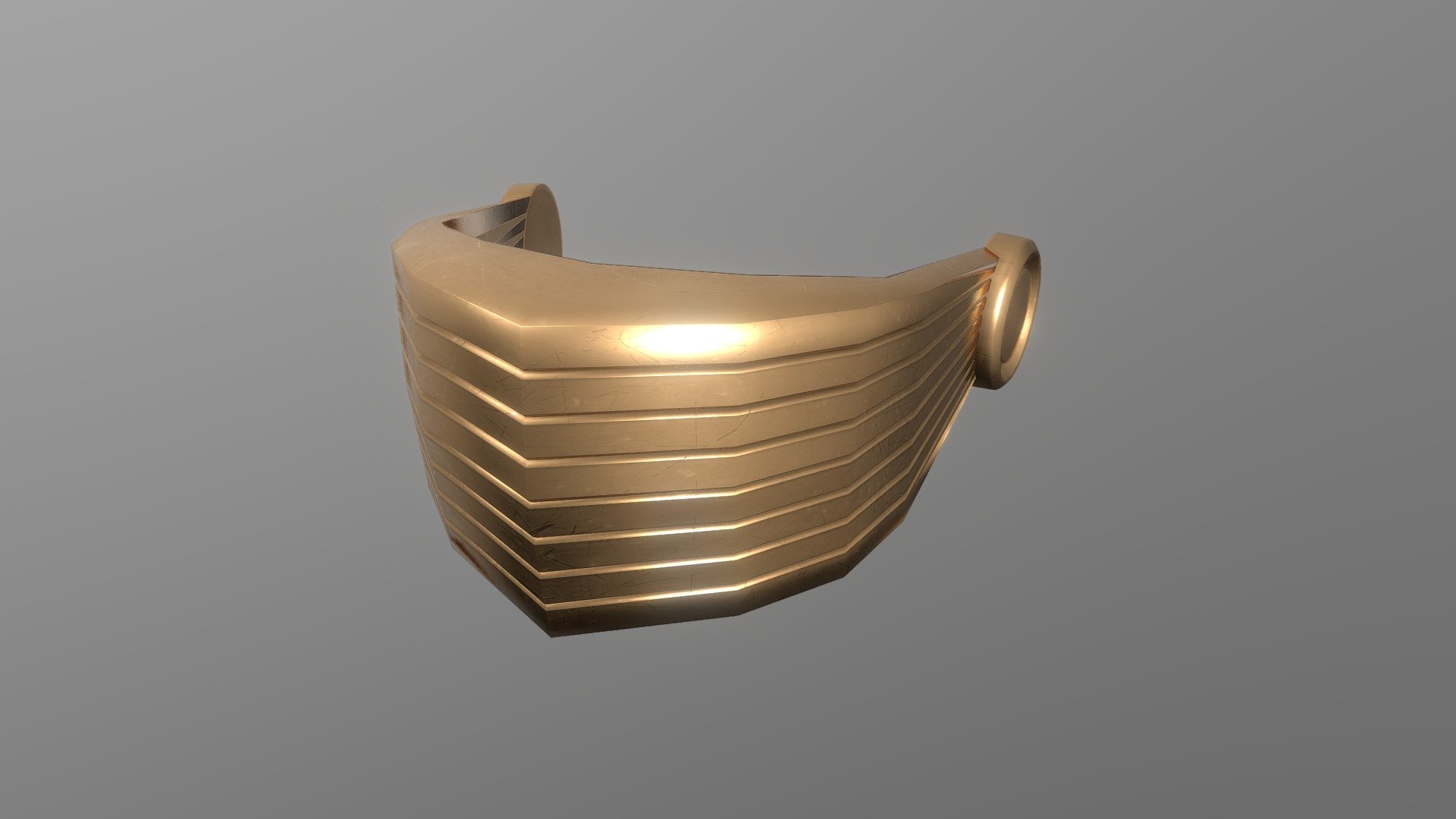 Striped Visor (copper)
Bring your project to life with this mid poly 3D model of Striped Visor. Perfect for use in games, animations, VR, AR, and more, this model is optimized for performance and still retains a high level of detail.


Features



Mid  poly design with 2,980 vertices

5,806 edges

2,832 faces (polygons)

5,660 tris

2k PBR Textures and materials

File formats included: .obj, .fbx, .dae, .stl


Tools Used
This Striped Visor mid poly 3D model was created using Blender 3.3.1, a popular and versatile 3D creation software.


Availability
This mid poly Striped Visor 3D model is ready for use and available for purchase. Bring your project to the next level with this high-quality and optimized model 3d model