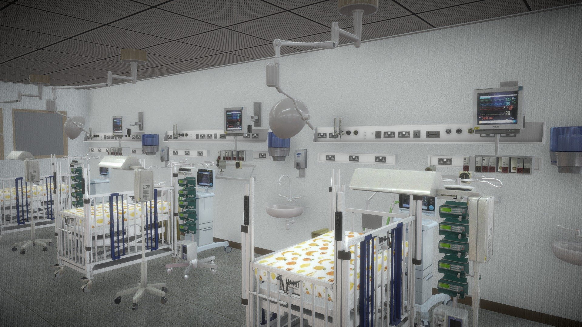 A pediatric intensive care unit (also paediatric), usually abbreviated to PICU , is an area within a hospital specializing in the care of critically ill infants, children, and teenagers. &hellip; Consequently, PICUs have a larger operating budget than many other departments within the hospital.

low poly 235.447poly / 260.286 

more than 330 items ,  clean in typology and UVs

8 fully equiped beds , remove some itemes if you want to reduce the poly acounts

compatible with Unity and Unreal 

easy to convert it to high poly buy displacements or turbosmooth 

suitable for high render or Game Assets, VR / AR

render engine: Vray 

this project is meant to be for VR  so most of the material are standards materials with difuse and normal ( contain some PBR models )  , if you targeting rendering pictures its very easy to replace all the materials with vray materials and add more PBR charactiristic - Low Poly pediatric intensive care unit (PICU) - Buy Royalty Free 3D model by bouaraour 3d model