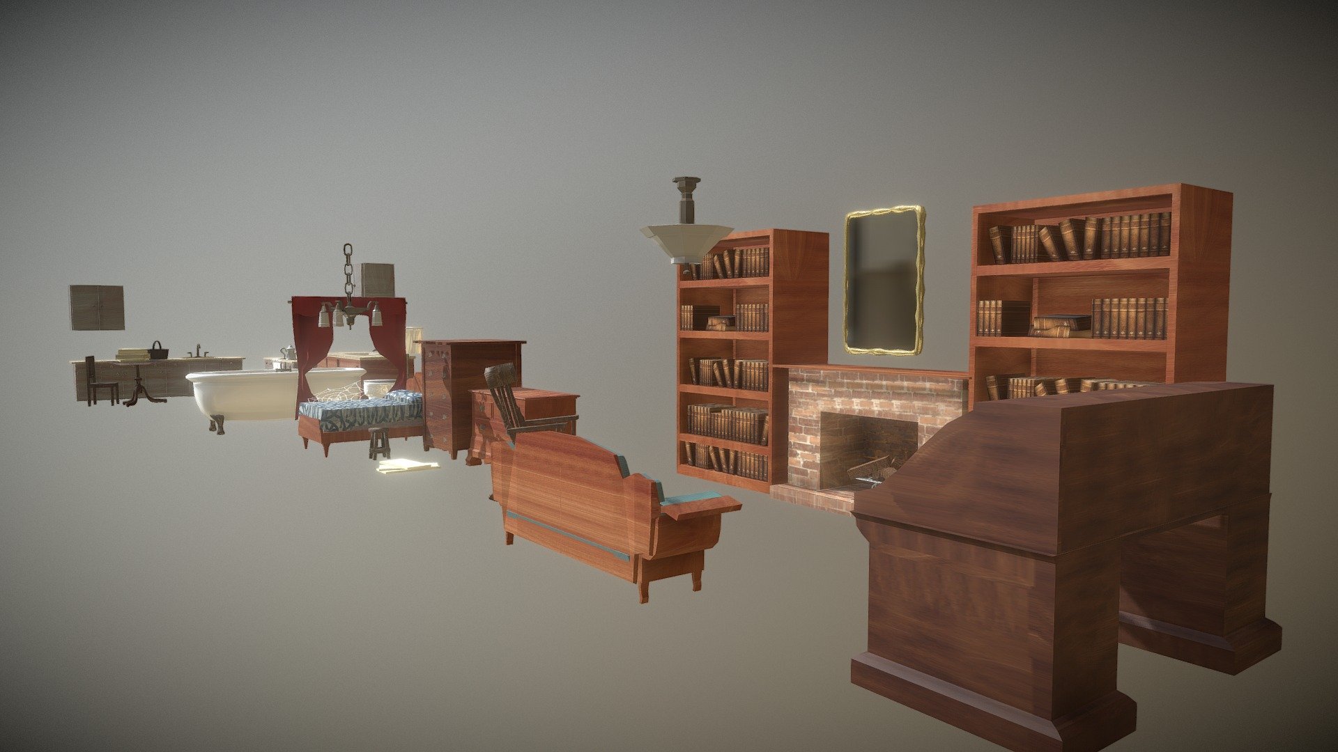 Build your interior scene with 46 Lowpoly, Interior Props ready for Virtual Reality.

This pack Contains 
50 Materials
143 (2048 * 2048) Textures.

4 Chair Variants.(From 160 - 1,163 Tris)

2 Stool Variants (From  160 - 168 Tris)

3 Table Variants (From 910 - 1160 Tris)

1 Office Desk, With Openable Drawers (1,192 Tris)

3 Pot Variants (From 100 - 427 Tris)

2 Light Fixture Variants (From 360 - 1,408 Tris)

3 Paper Stack Variants (From 8 - 24 Tris)

2 Spider Web Variants (4 Tris)

3 Mirror Variants (From 281 - 311 Tris)

4 Book Set Variants (From 8 - 54 Tris)

2 Drawer Variants (From 136 - 650 Tris)

2 Dresser Variants (From 388 - 1776 Tris)

2 Curtain Variants (604 Tris)

1 Toilet Variant (1528 Tris)

1 Bathtub Variant (978 Tris)

1 Bathroom Counter Variant (380 Tris)

6 Kitchen Counter Variants (76 - 442)

1 Stove Variant (2576 Tris)

1 Bed Variant (574 Tris)

1 Couch Variant (714 Tris)

1 Fire Log Variant (40 Tris)

1 Fireplace Variant (36 Tris)

1 Log Holder Variant (304 Tris)

1 Bookshelf (100 Tris) - Lowpoly Interior Props | VR Ready - 3D model by TheCGMaster 3d model